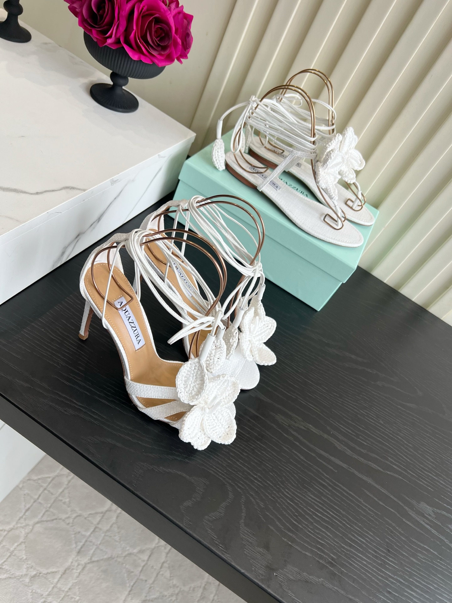 Aquazzura Crochet Flower Ankle Tie Heel Sandals