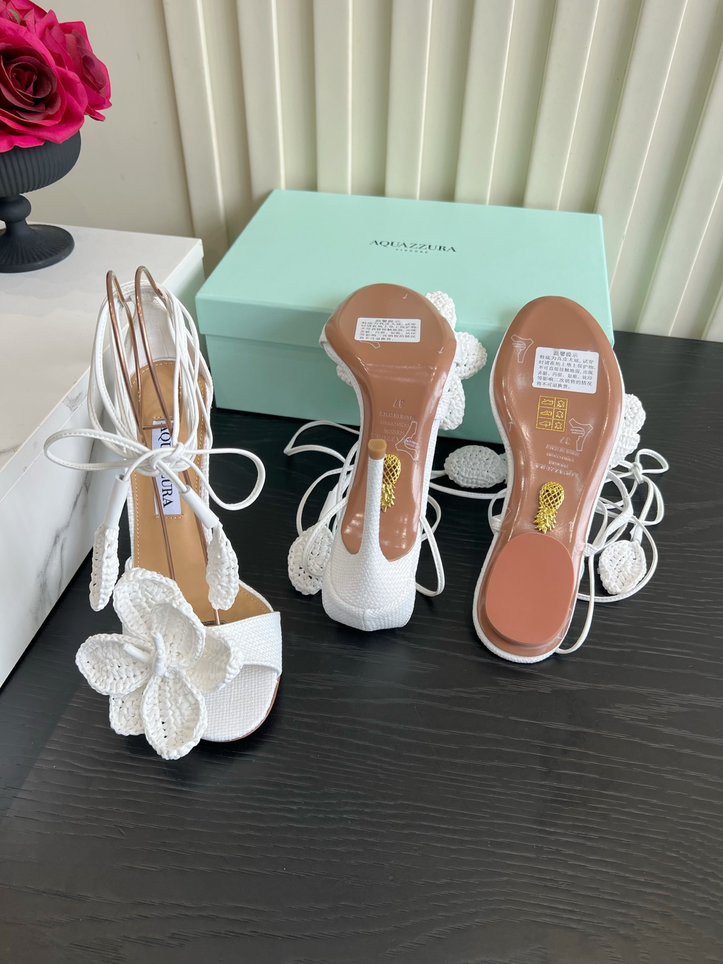 Aquazzura Crochet Flower Ankle Tie Heel Sandals