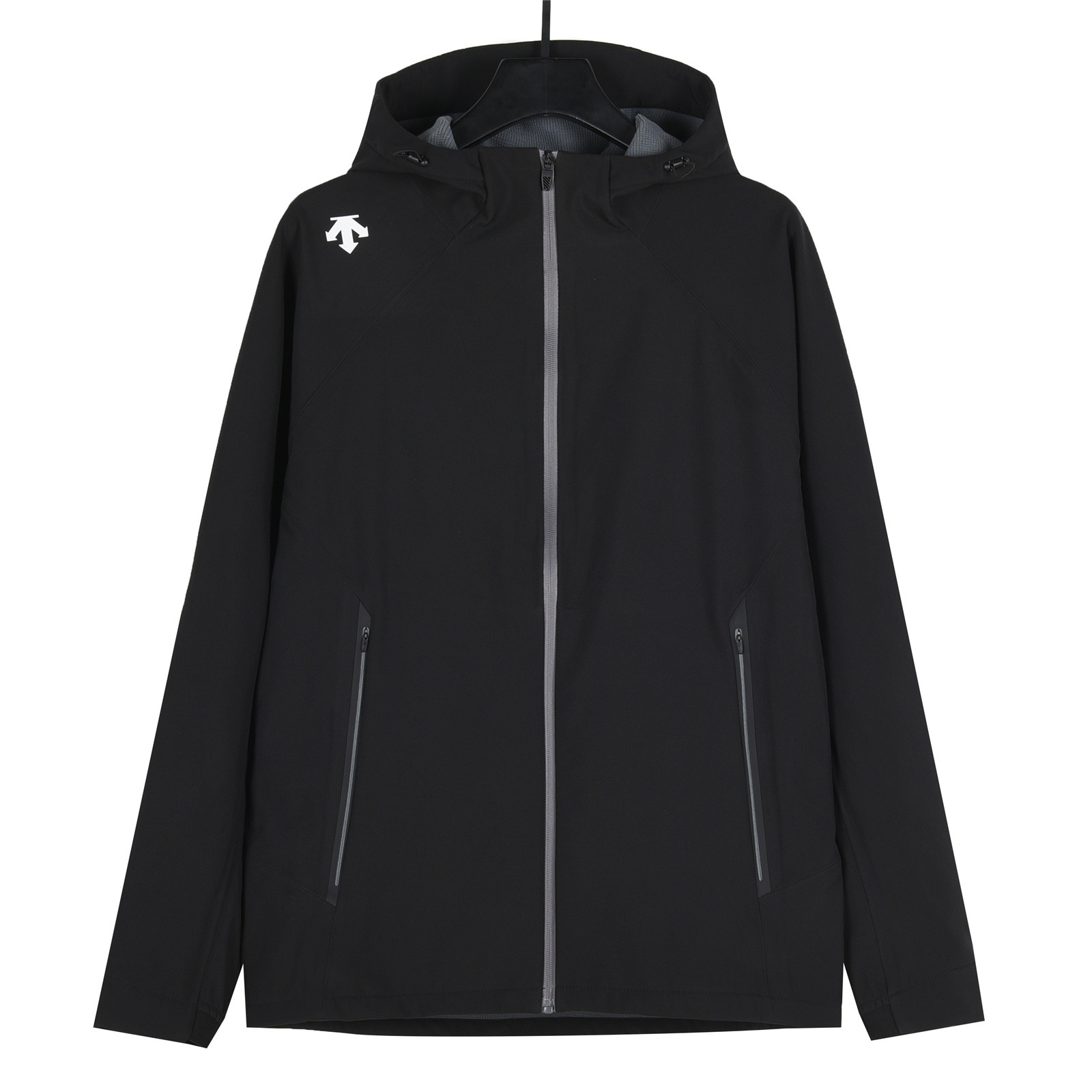 DESCENTE Chaqueta con capucha de softshell compuesto resistente al agua, color negro