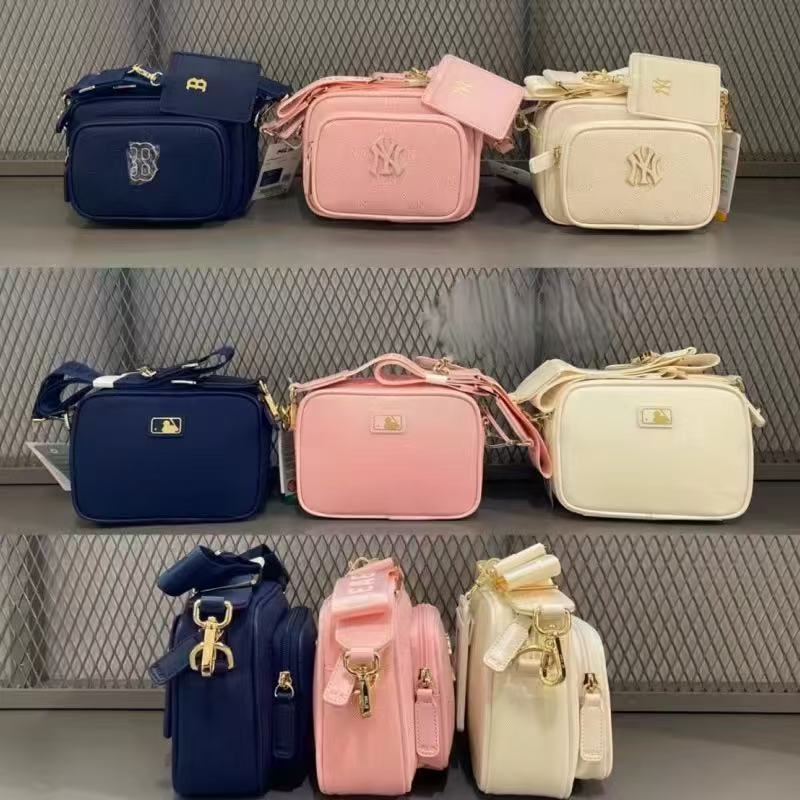 款 韩国MLB新款时尚百搭相机包铁标PU压纹子母小方包单肩斜挎包 蓝色 杏色 粉色