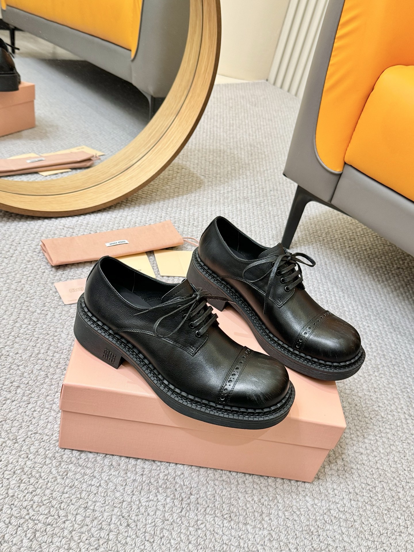 Miu Miu 2024 Runway Lace-Up Loafers in Black Leather, Distressed Finish 1 Miu Miu 2024 Runway Lace-Up Loafers in Black Leather, Distressed Finish