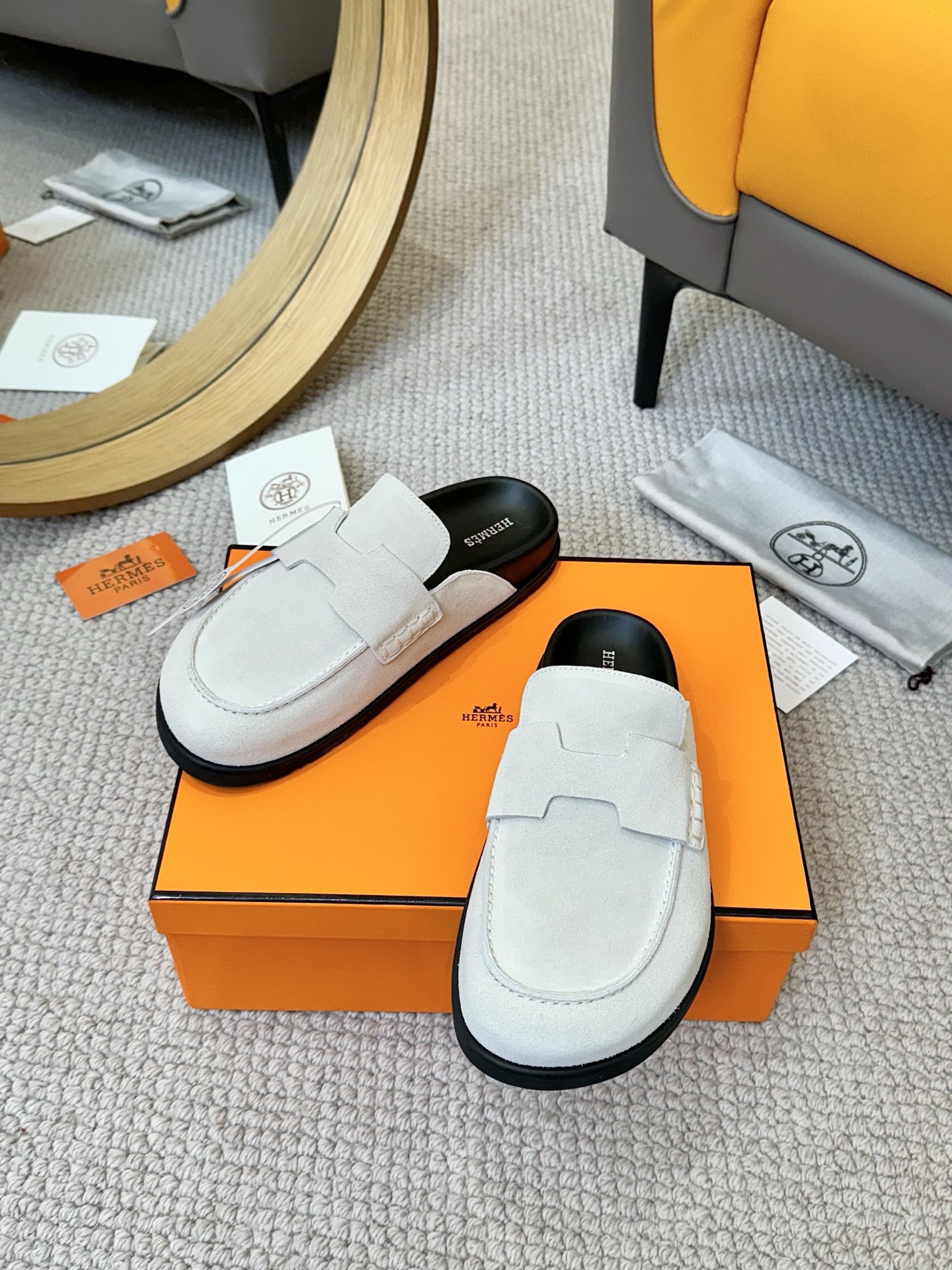 Hermes 2025 Chic Mule Slides, Comfy Leather Slippers in White 1 Hermes 2025 Chic Mule Slides, Comfy Leather Slippers in White