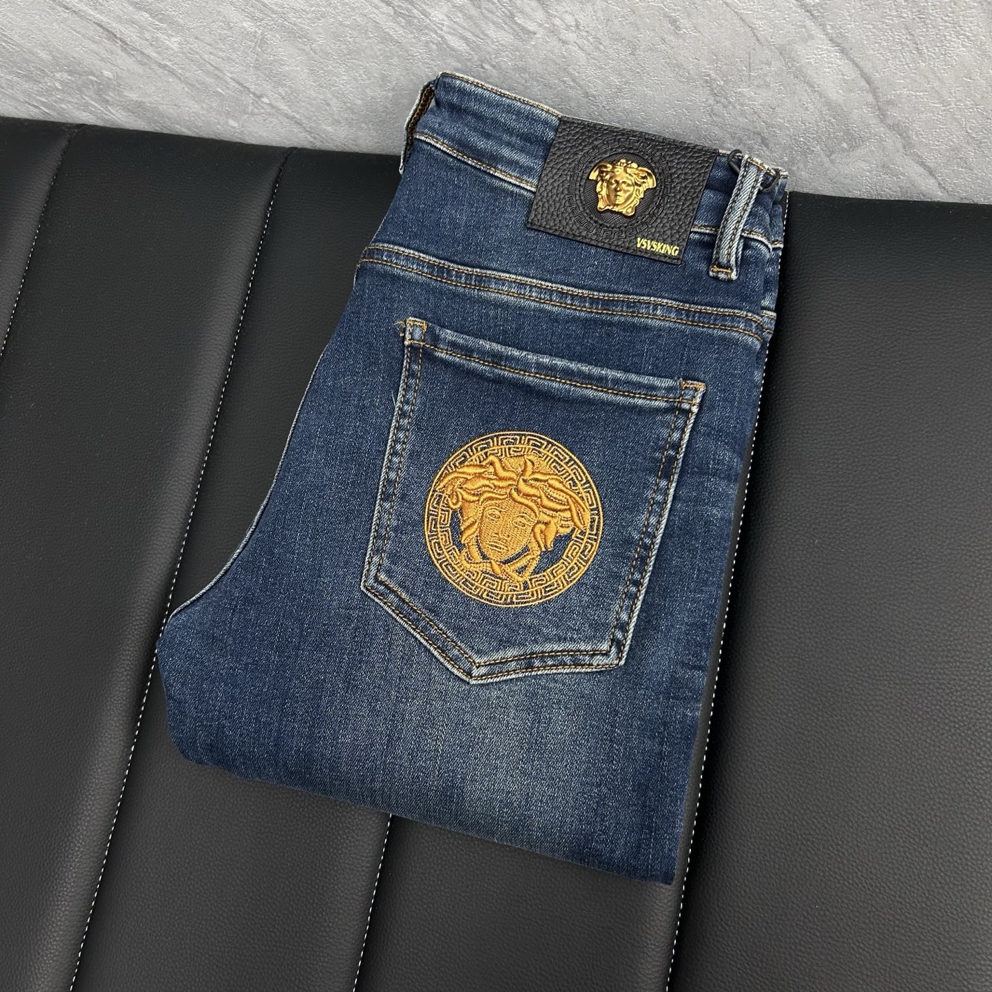 Versace Men's Slim-Fit Denim Jeans with Medusa Embroidery - Premium Quality