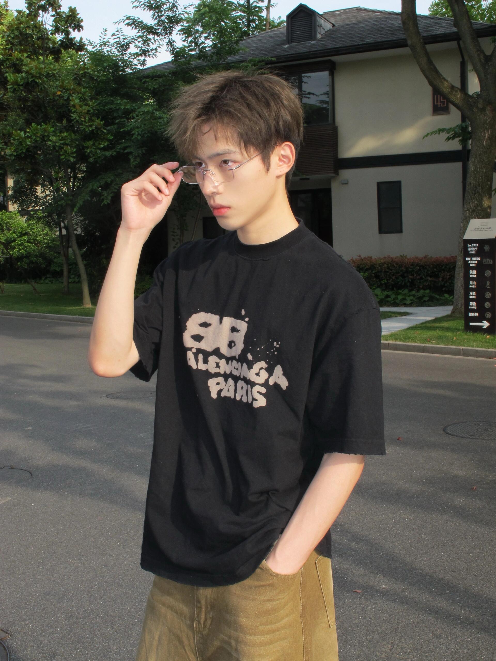 。BALENCIAGA 经典圆领数码印花直喷短袖T恤●正品3599购入开发●230克100%活性黑极品棉