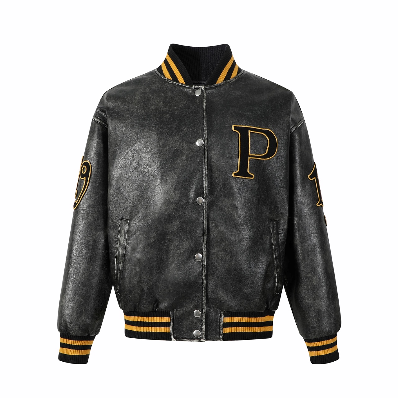 Prada Inspired Black Leather Varsity Jacket with Distressed Finish