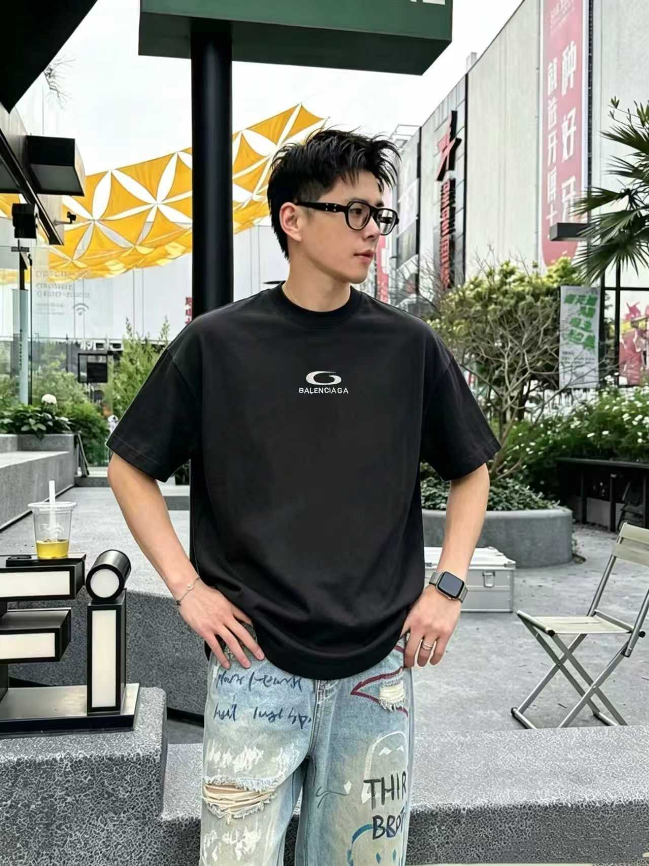 P75 Balenciag/Paris* logo bordado, nuevo modelo primavera y verano, tejido puro algodón manga corta liso doble arena, d…