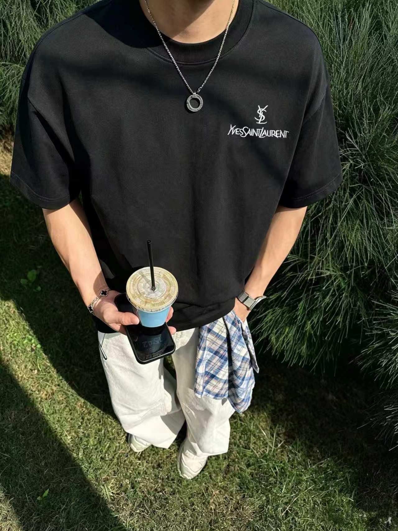 P85 YSL/ Saint Laurent Camiseta de manga corta de algodón puro de tejido plano doblemente arenado, nueva primavera-vera…