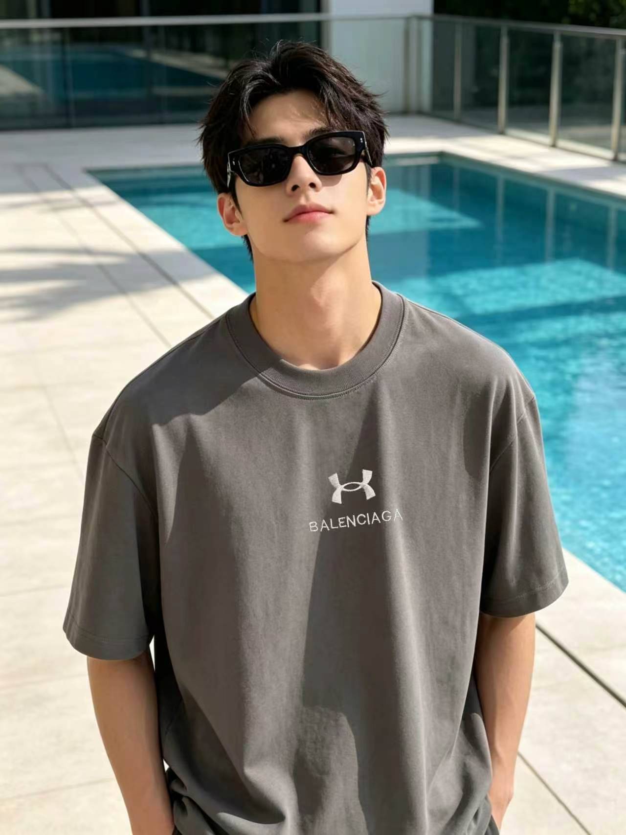 P75 Balenciag/Paris logo bordado de letras, modelo nuevo de primavera y verano, tejido de puro algodón de manga corta l…
