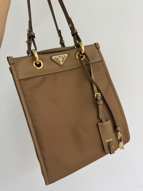 Prada Re-Nylon and Leather Tote Bag, Convertible Shoulder Bag, Brown 1 Prada Re-Nylon and Leather Tote Bag, Convertible Shoulder Bag, Brown