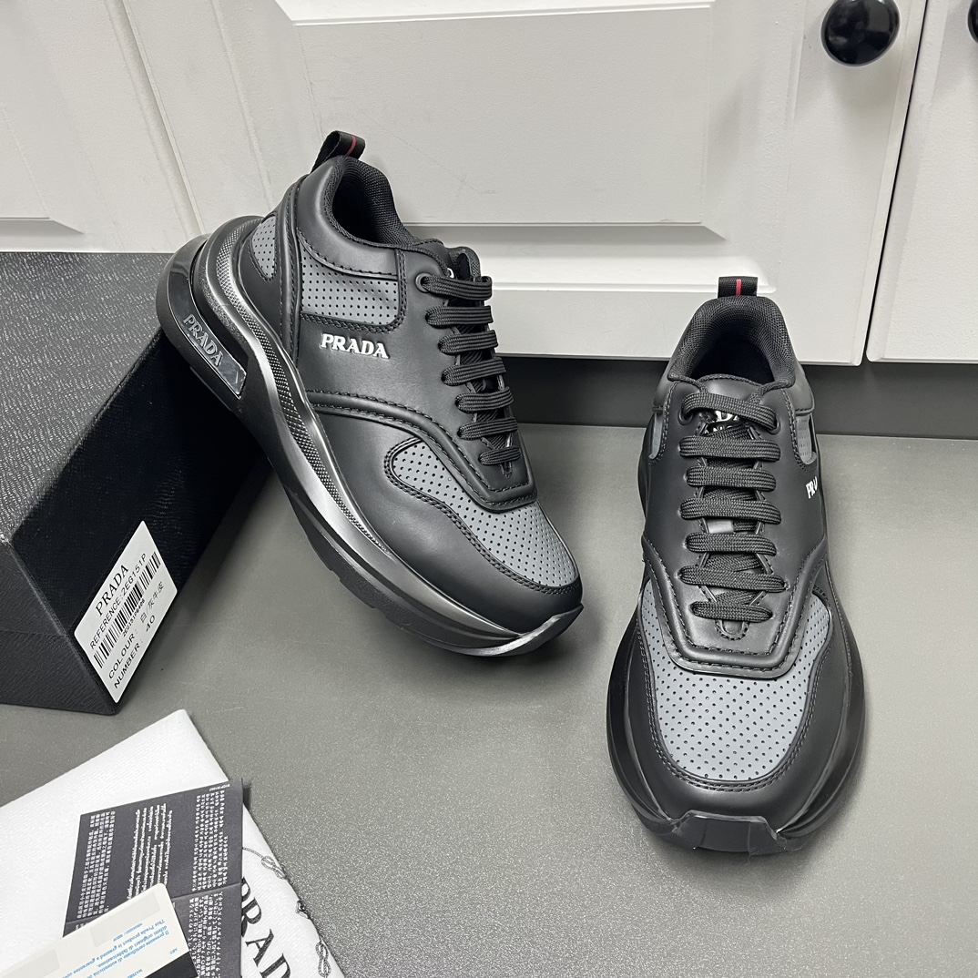 Prada Shoes Sneakers Black Grey Splicing Men Calfskin Cowhide Fabric Rubber Fashion Casual C5055058