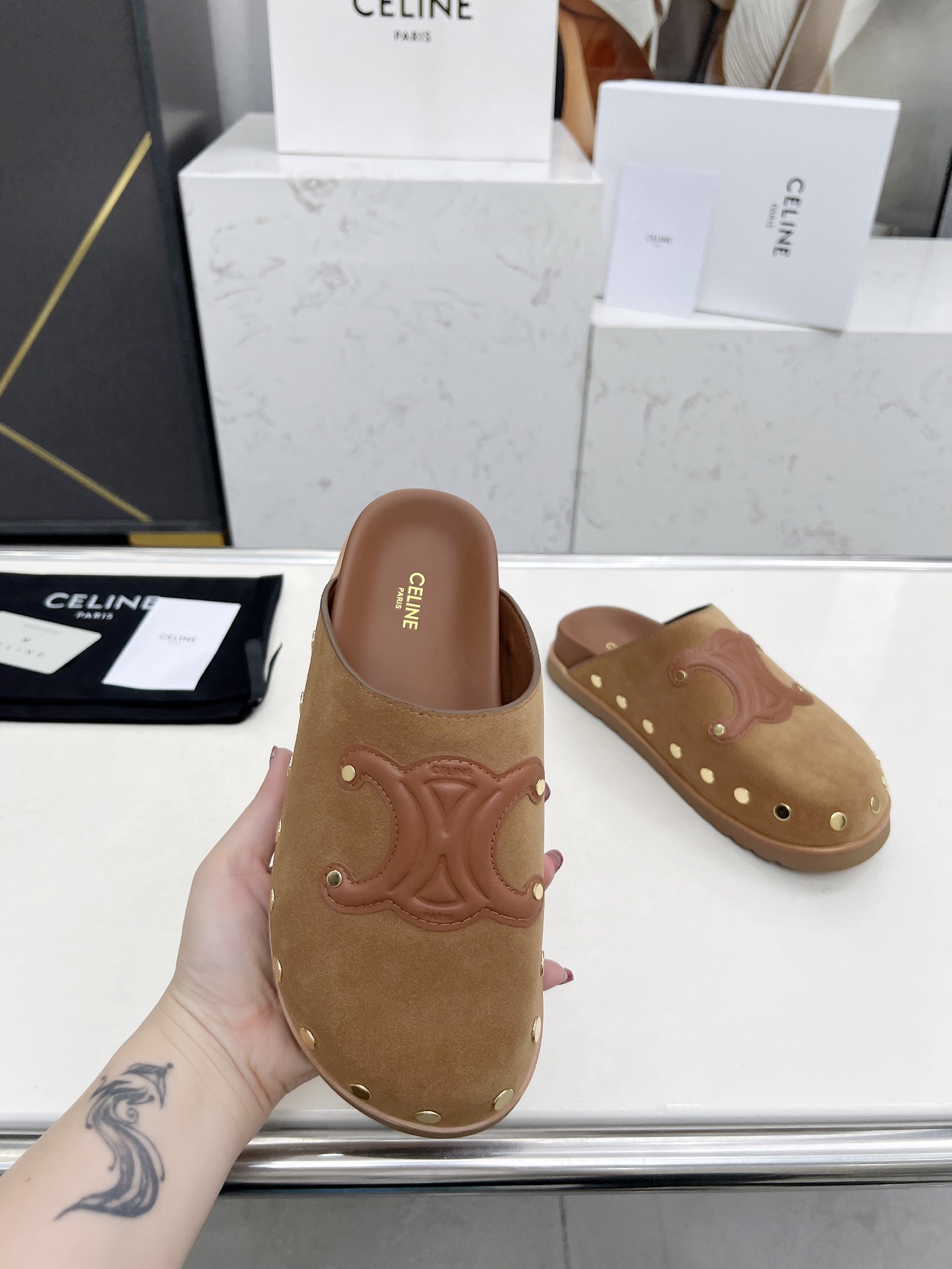 Celine 25SS Espadrille Rivet Birken Sandals, Triomphe Logo Suede Clogs 1 Celine 25SS Espadrille Rivet Birken Sandals, Triomphe Logo Suede Clogs