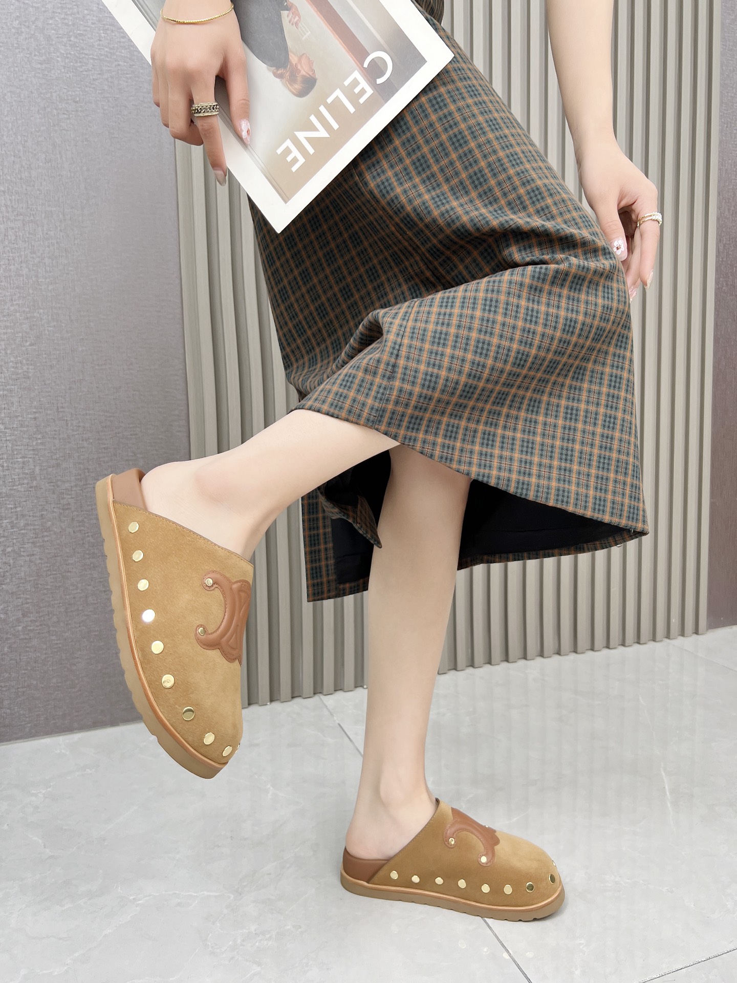 Celine 25SS Espadrille Rivet Birken Sandals, Triomphe Logo Suede Clogs 10 i1743696279446 6466 0 8