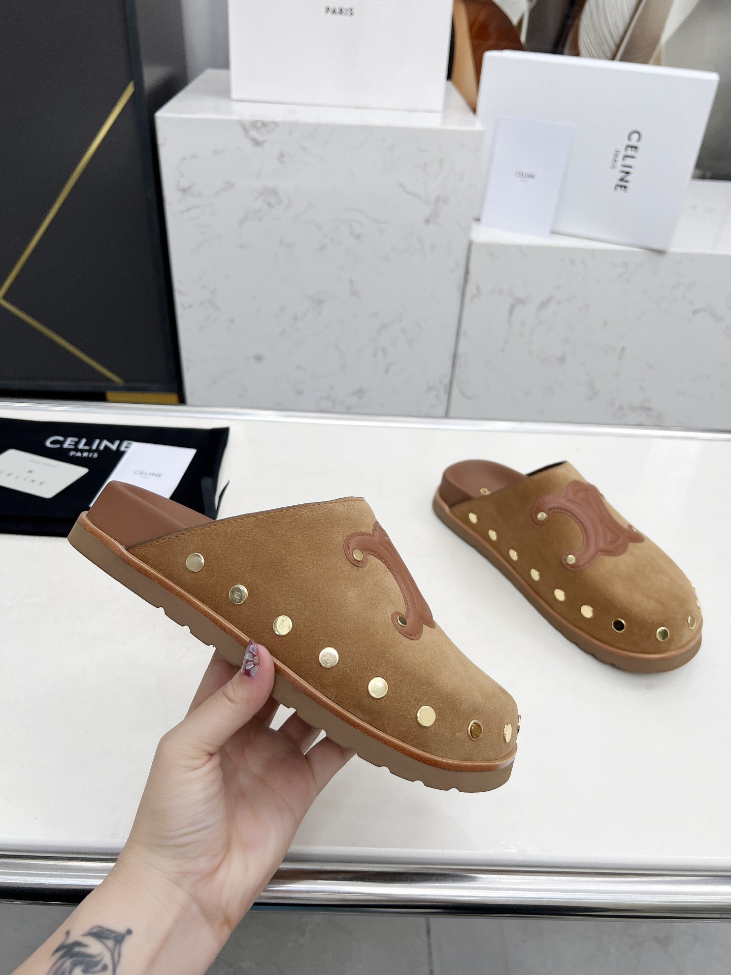 Celine 25SS Espadrille Rivet Birken Sandals, Triomphe Logo Suede Clogs 3 i1743696279446 6579 0 0