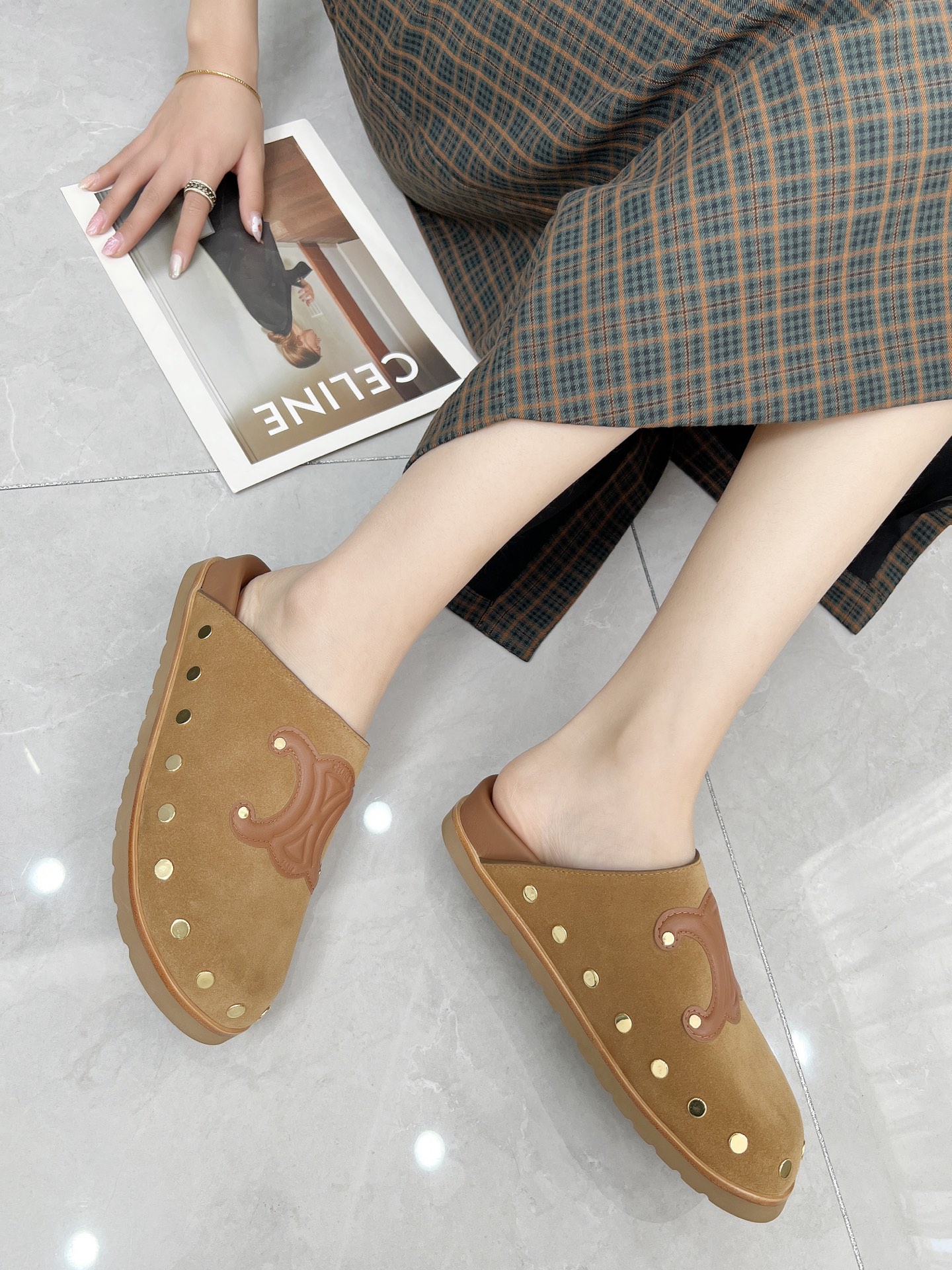 Celine 25SS Espadrille Rivet Birken Sandals, Triomphe Logo Suede Clogs 6 i1743696281079 8604 0 4
