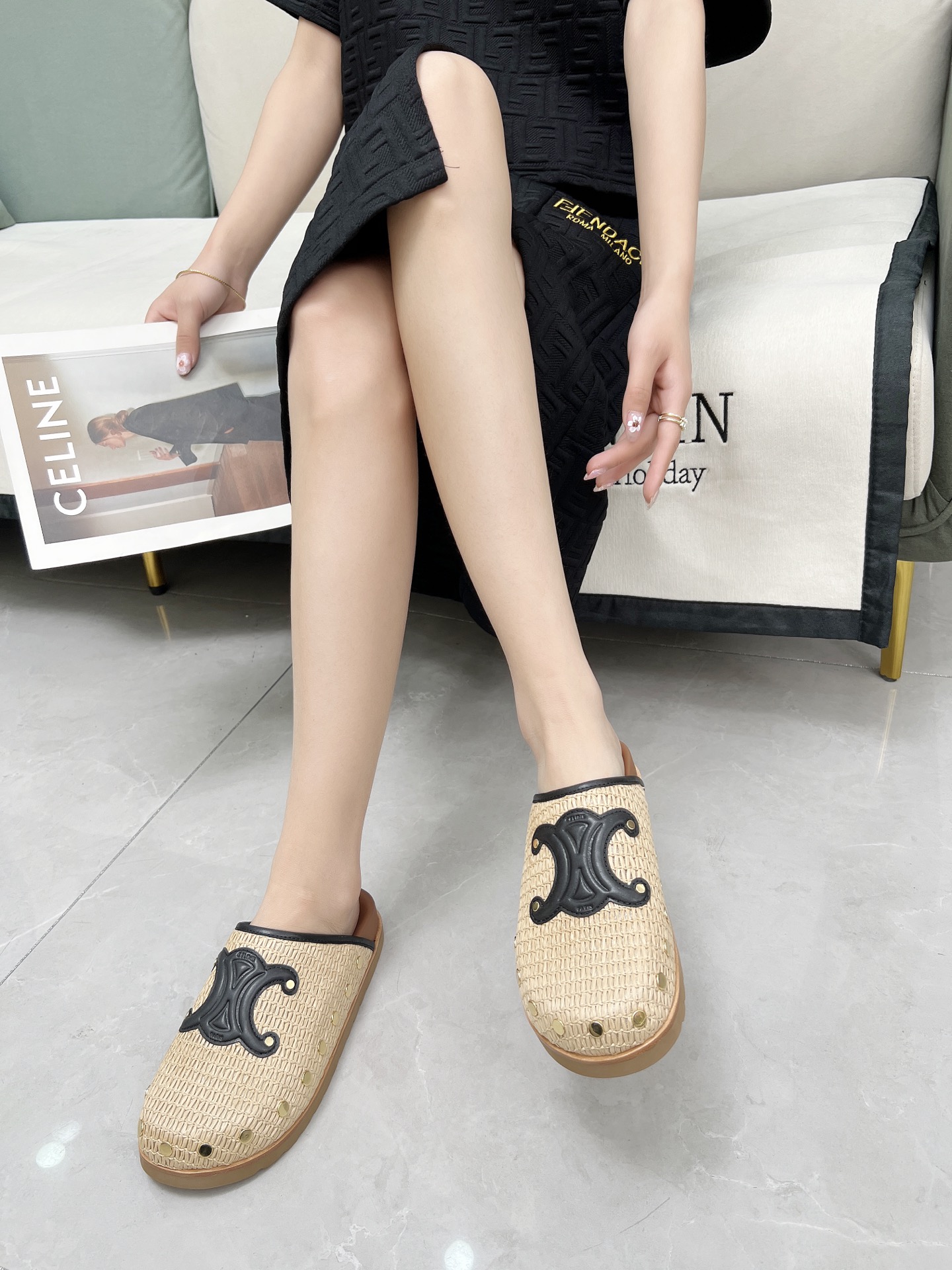 Celine 25SS Raffia Birkenstock Slides with Triomphe Logo & Stud Details 8 i1743696404249 9171 0 6