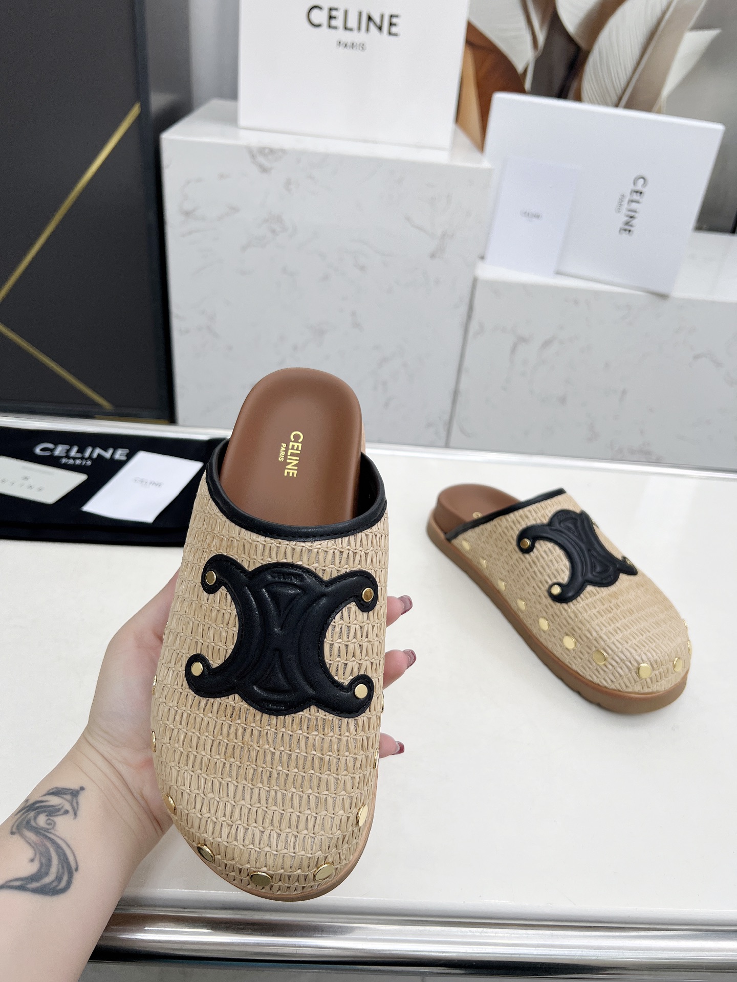 Celine 25SS Raffia Birkenstock Slides with Triomphe Logo & Stud Details 1 Celine 25SS Raffia Birkenstock Slides with Triomphe Logo & Stud Details