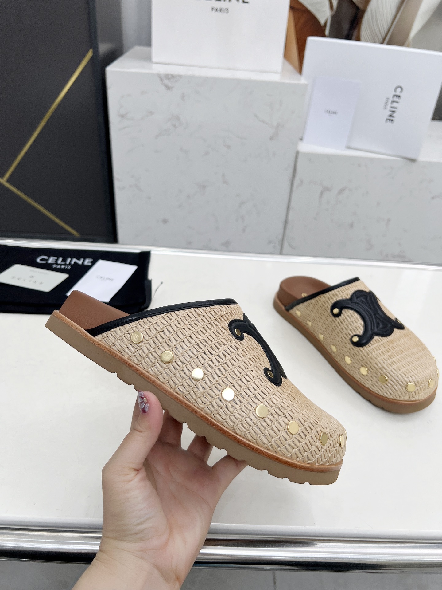 Celine 25SS Raffia Birkenstock Slides with Triomphe Logo & Stud Details 5 i1743696404333 8251 0 3