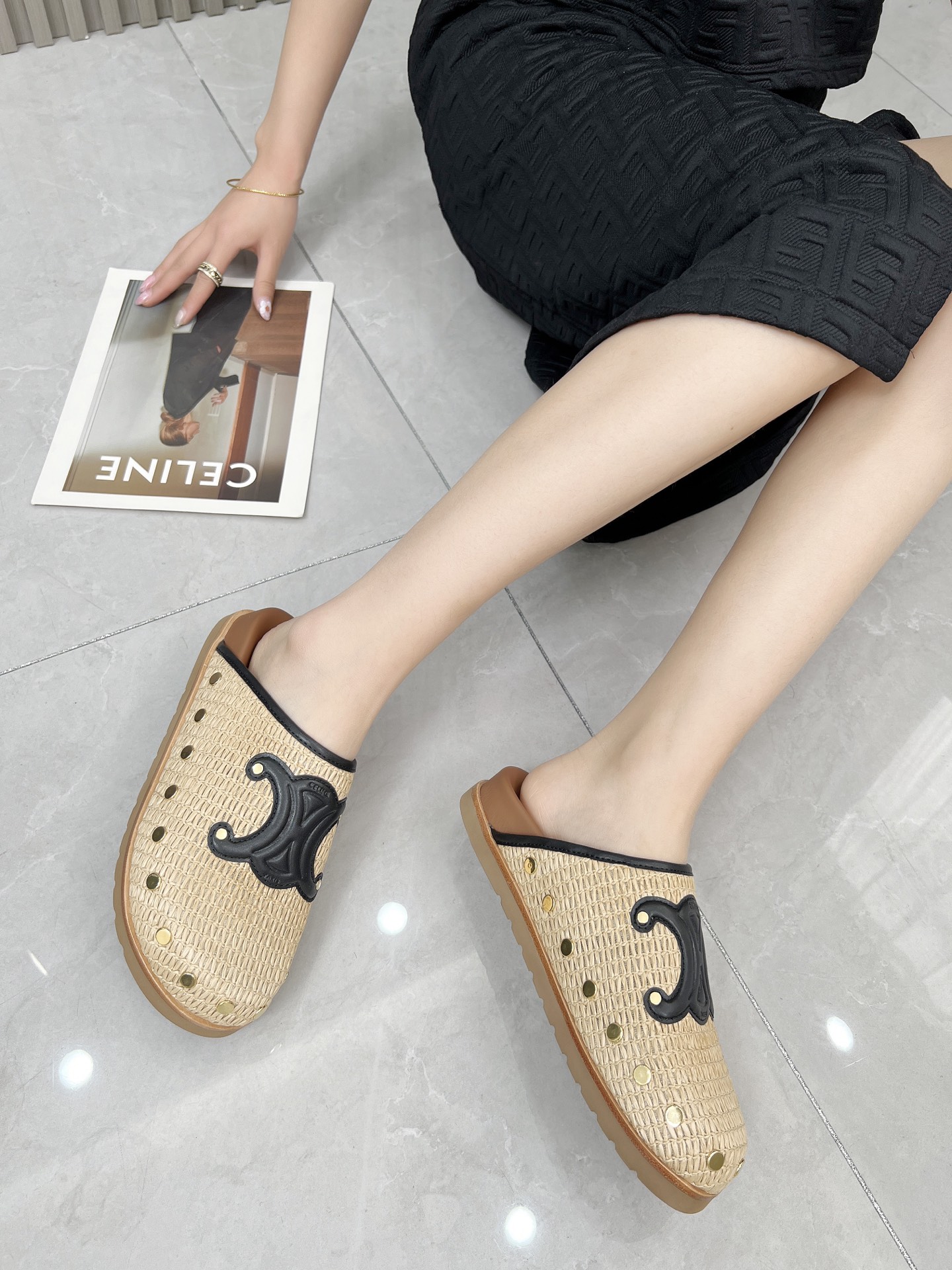 Celine 25SS Raffia Birkenstock Slides with Triomphe Logo & Stud Details 10 i1743696404341 8682 0 8