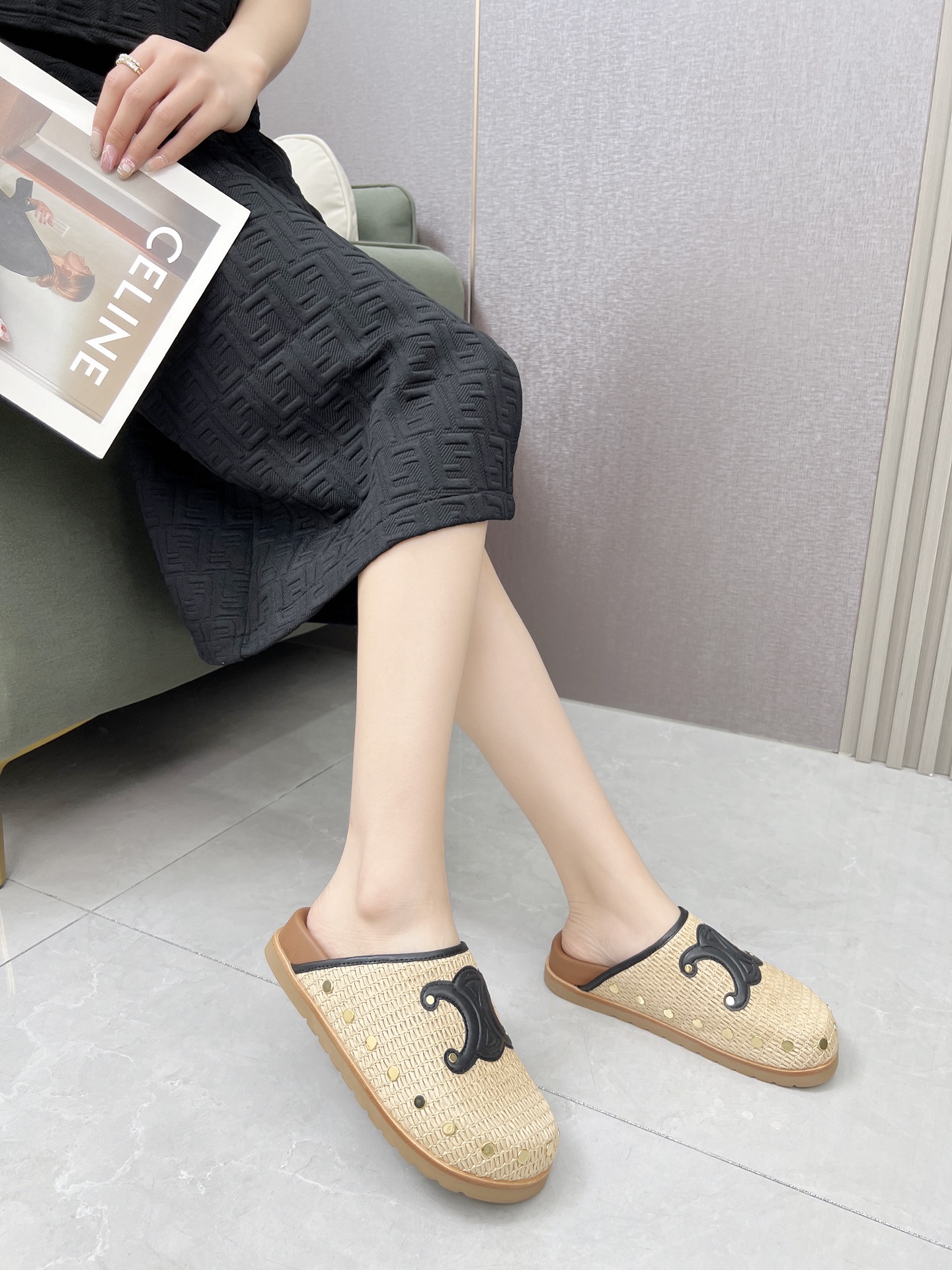 Celine 25SS Raffia Birkenstock Slides with Triomphe Logo & Stud Details 6 i1743696405289 4750 0 4