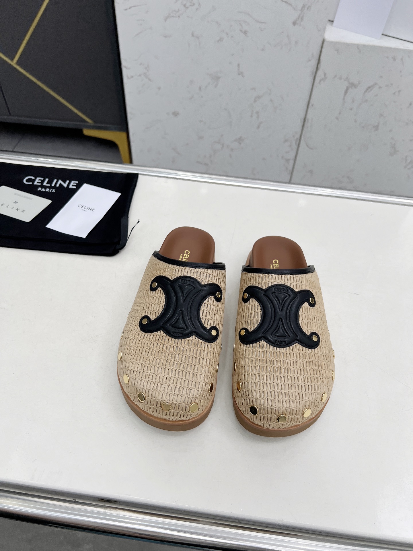 Celine 25SS Raffia Birkenstock Slides with Triomphe Logo & Stud Details 3 i1743696405314 5297 0 0