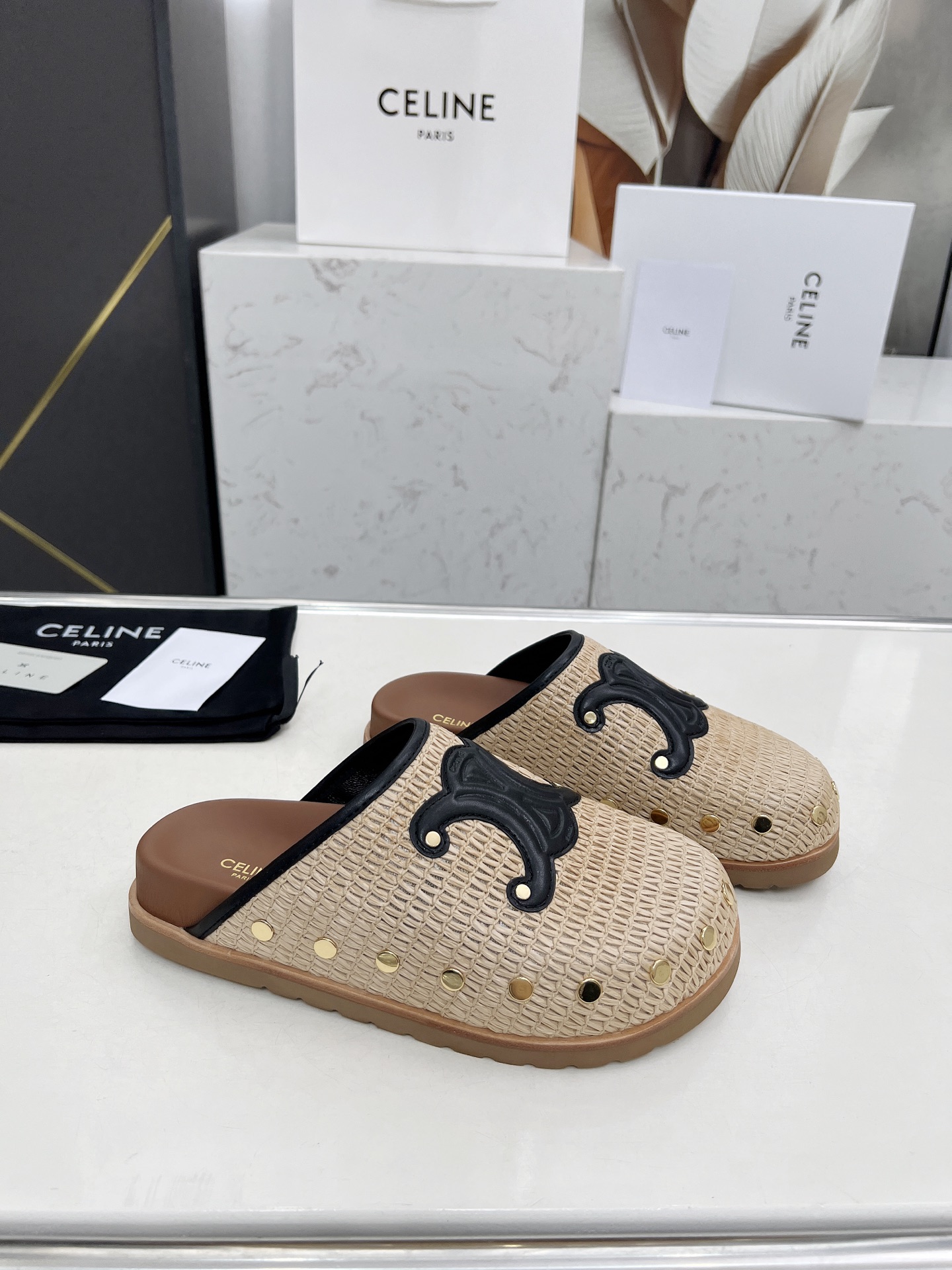 Celine 25SS Raffia Birkenstock Slides with Triomphe Logo & Stud Details 4 i1743696405356 1747 0 1