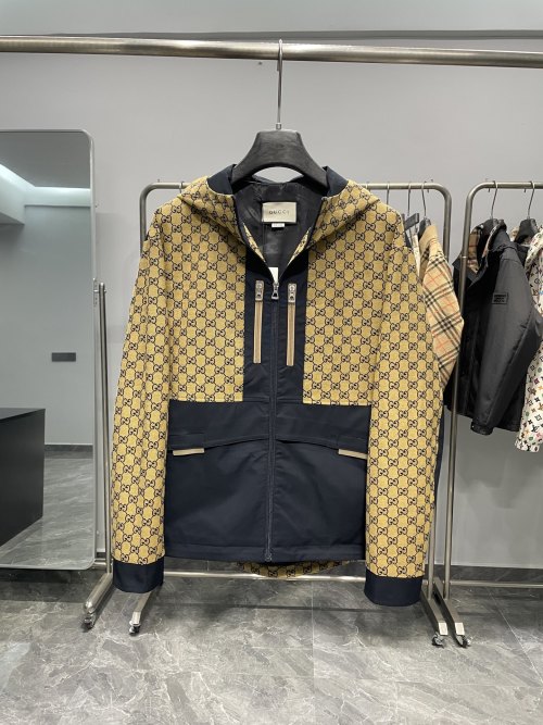 Gucci Old Flower Splicing Hooded Jacket, Unisex Double Zipper Pocket Fashion