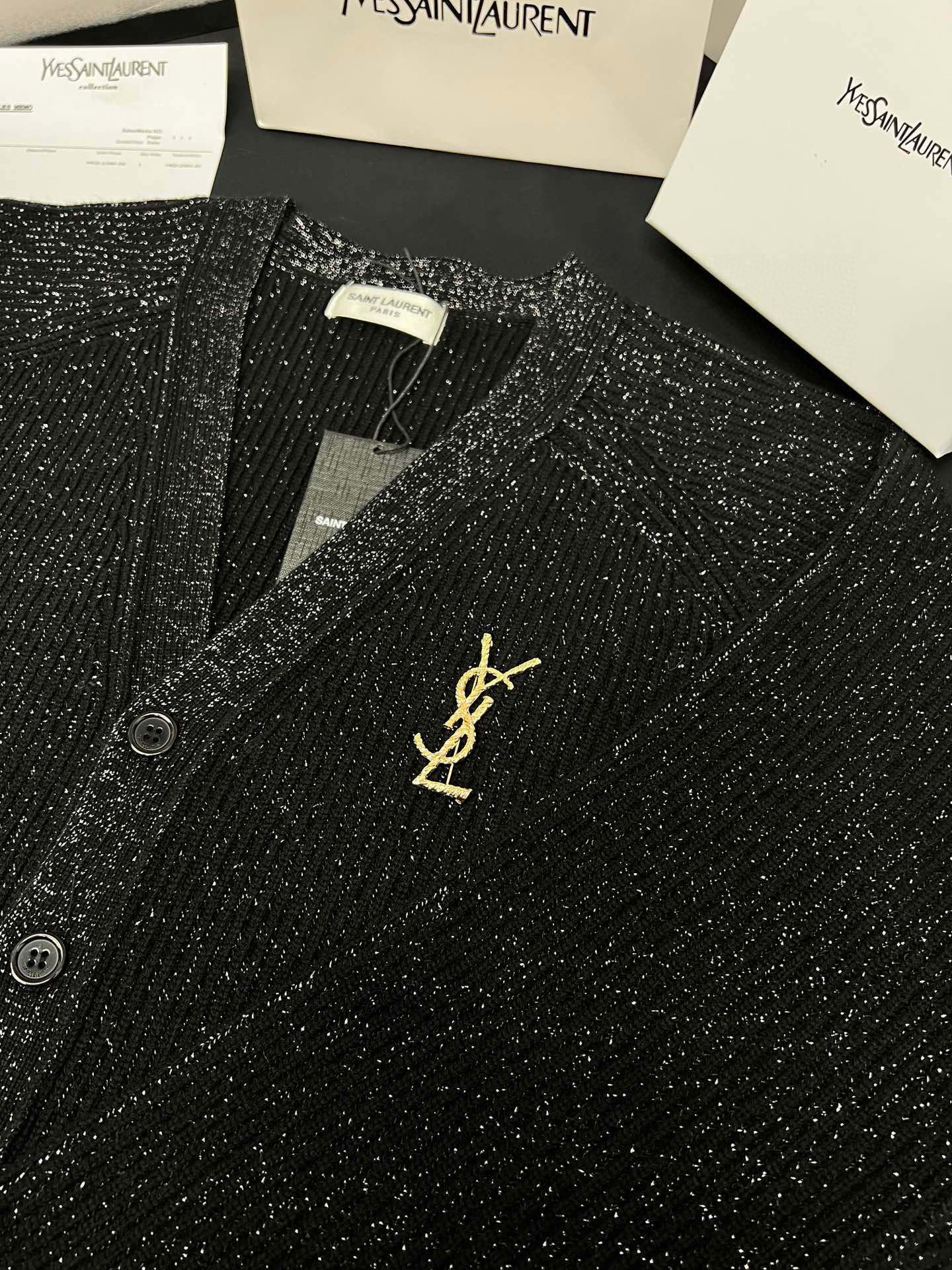 Yves Saint Laurent Silver Thread Wool Cardigan with Detachable Brooch 5 i1755248375376 8161 0 3