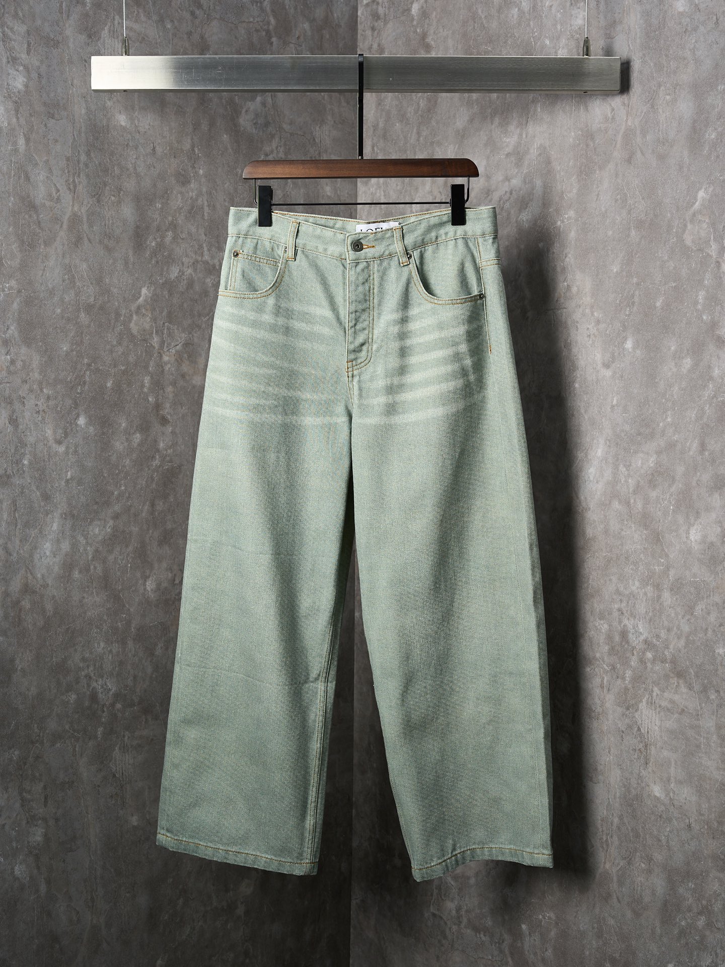 Loewe 25SS Light Green Washed Denim Jeans Loose Fit Denim Pants