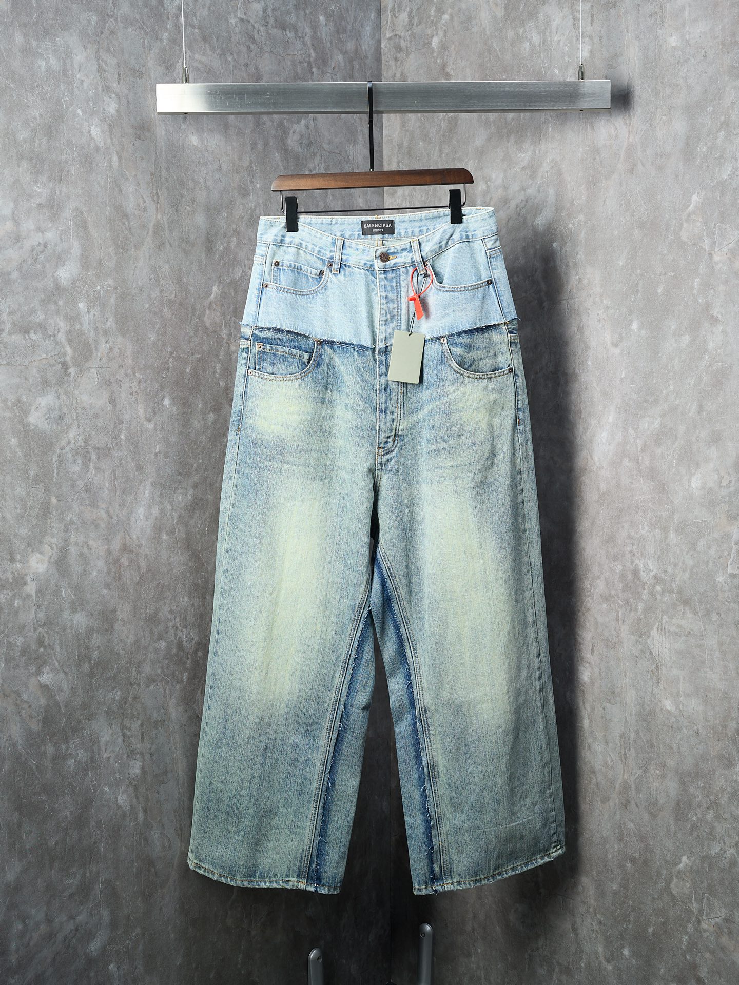 Balenciaga Multi-Pocket Two-Tone Jeans Distressed Denim Wide Leg Pants