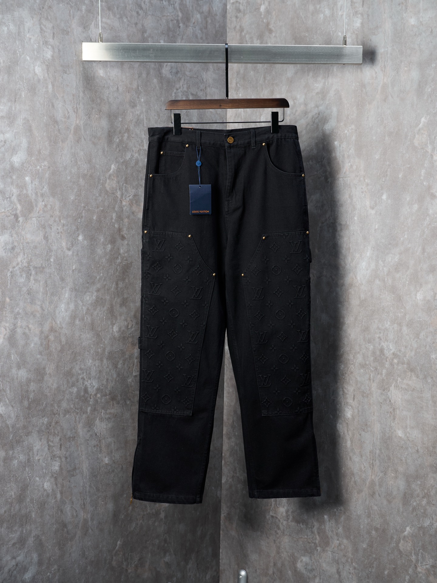 Louis Vuitton Classic Black Embossed Denim Pants with Leg Zipper Slits