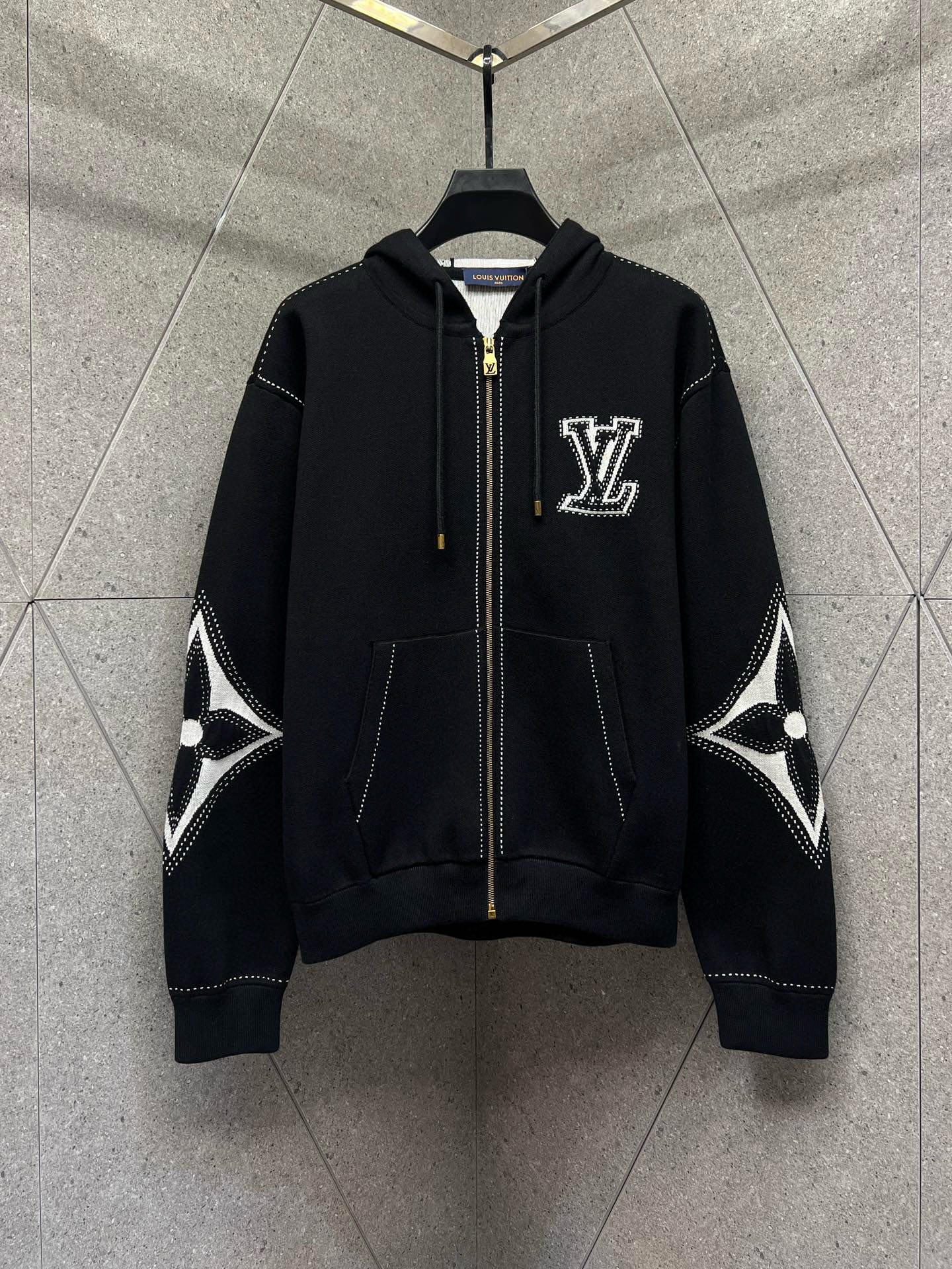 Louis Vuitton Black Knit Zip-Up Hoodie with White Embroidered Logos