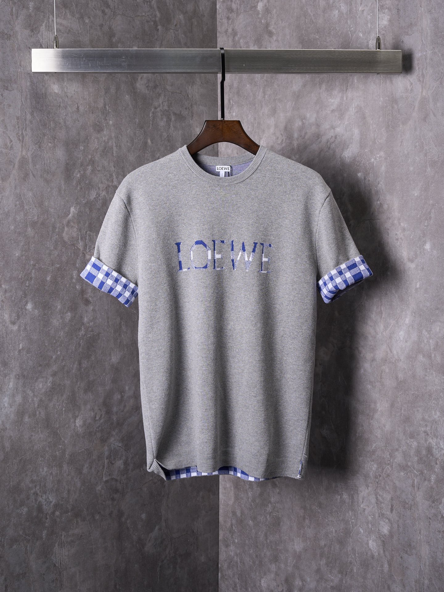Loewe Grey Cotton-Blend Knit T-Shirt with Plaid Roll-Up Sleeves