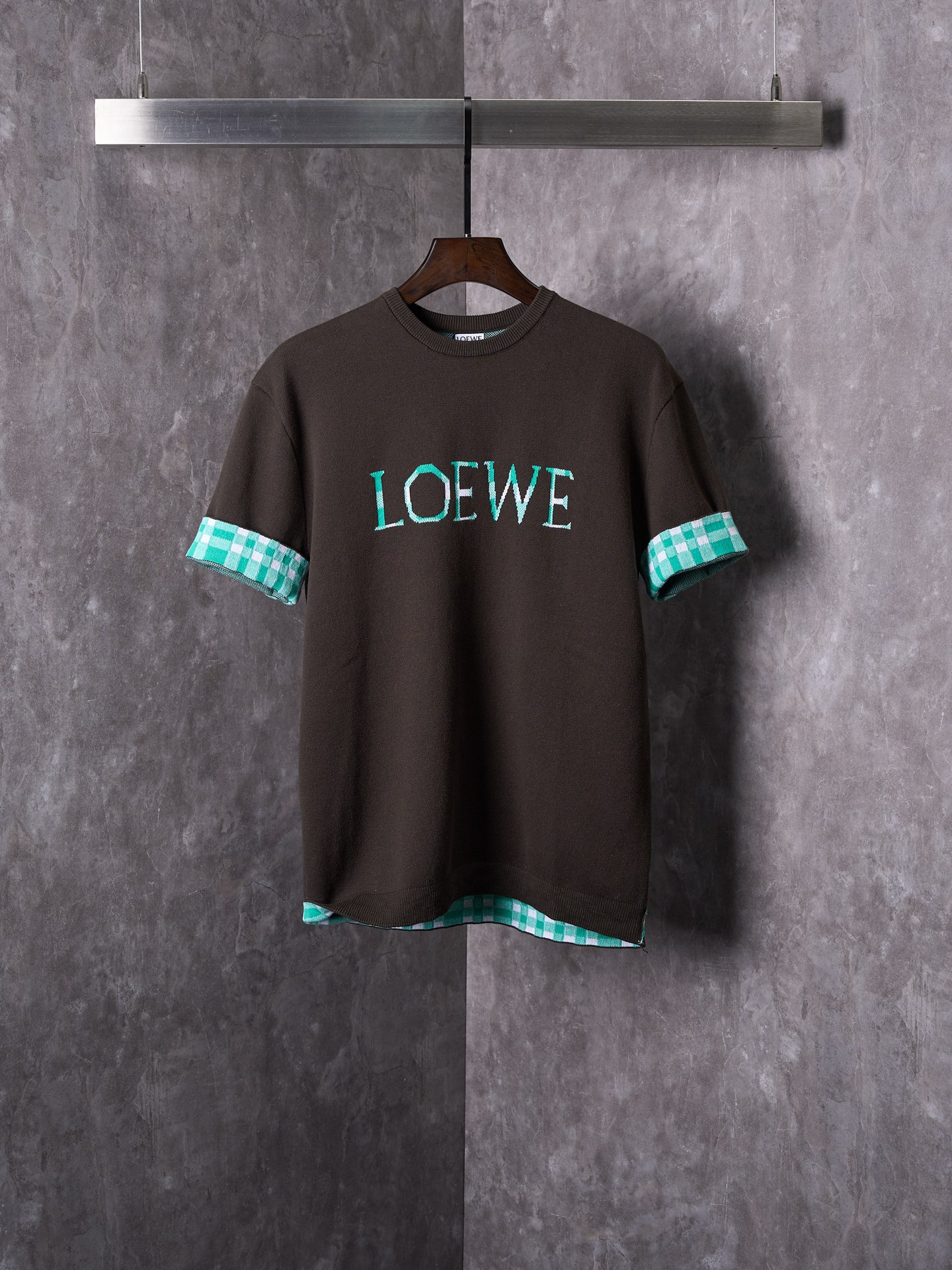 Loewe Geruit Oversized T-Shirt met Ronde Hals - Bruin & Turquoise