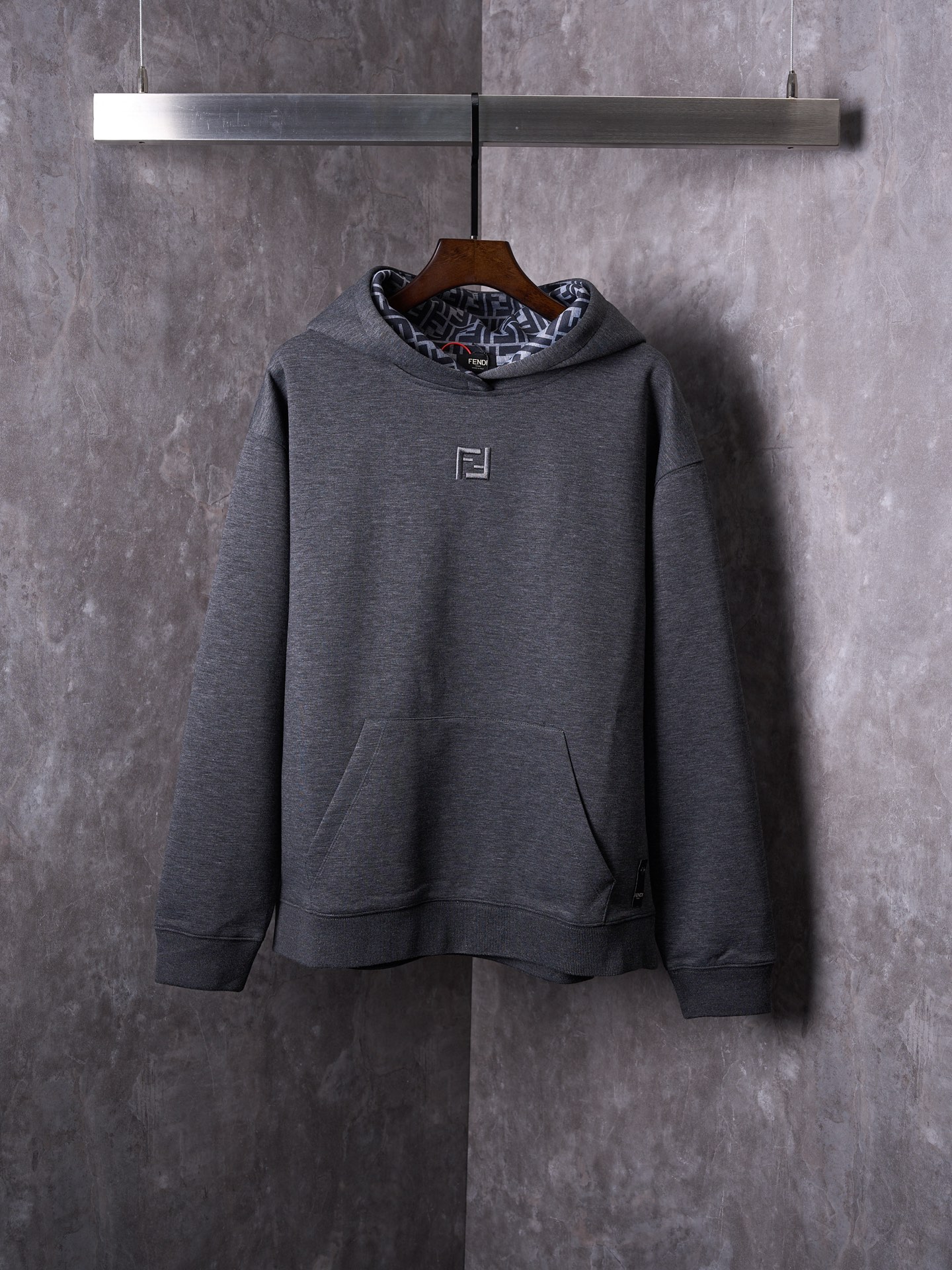Fendi FF Embroidery Hoodie, Double Layer Soft Cotton, Gray, Relaxed Fit