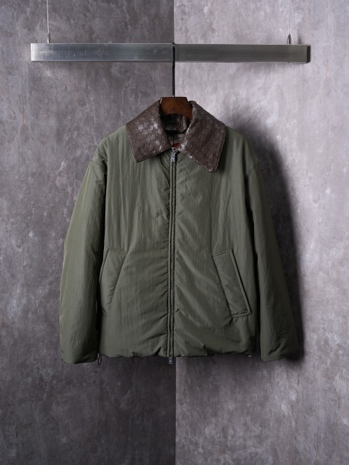 Bottega Veneta Detachable Woven Leather Collar Nylon Down Jacket Olive 1 Bottega Veneta Detachable Woven Leather Collar Nylon Down Jacket Olive