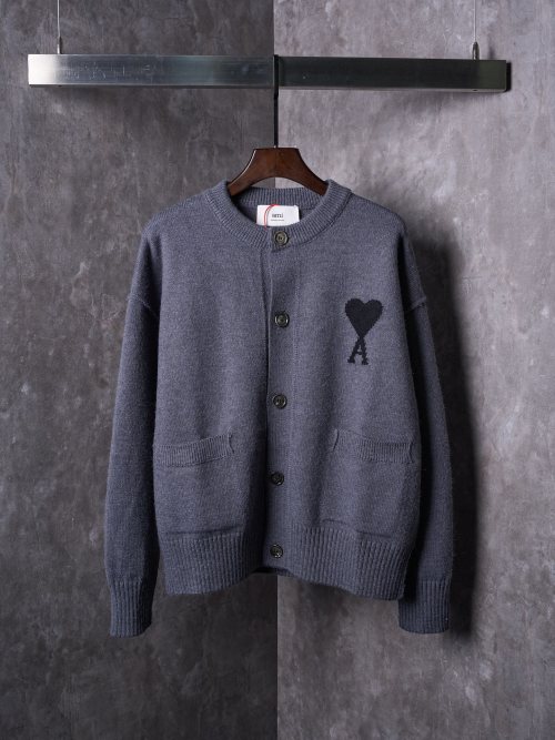 Ami Paris Heart Intarsia Wool Cardigan Gray, Button-Down Knitwear Sweater 1 Ami Paris Heart Intarsia Wool Cardigan Gray, Button-Down Knitwear Sweater