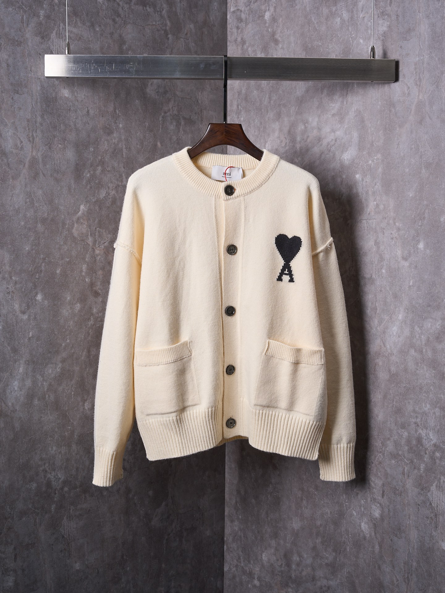 Ami Paris Heart Intarsia Wool Cardigan Sweater, Ivory White, Relaxed Fit