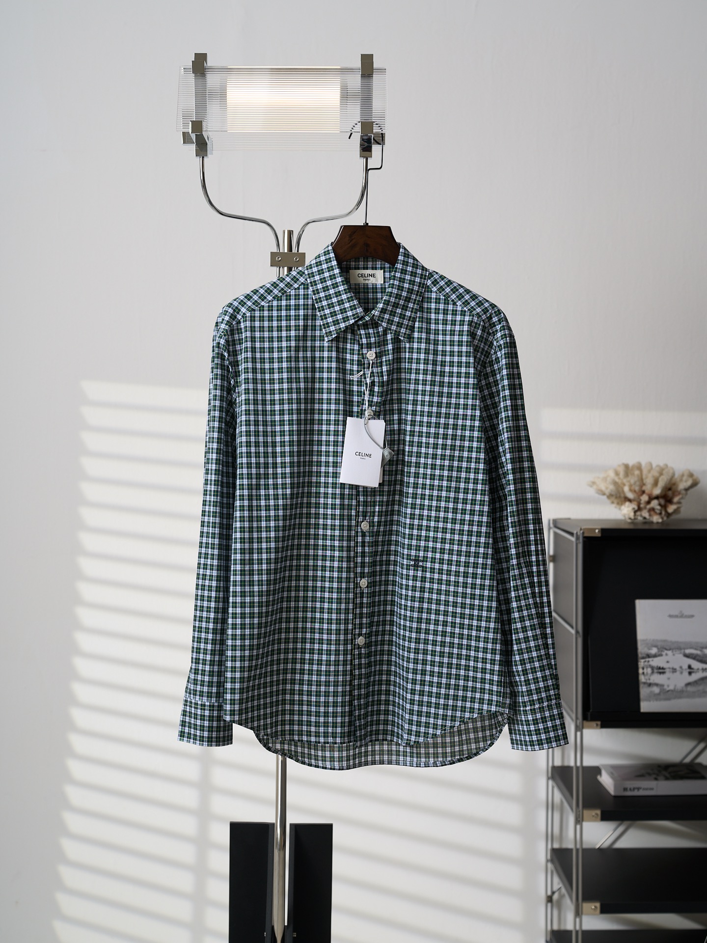 @220 [Fotografía real] CELINE/Céline Camisa de manga larga de cuadros de algodón con bordado del Arco de Triunfo [Dispo…