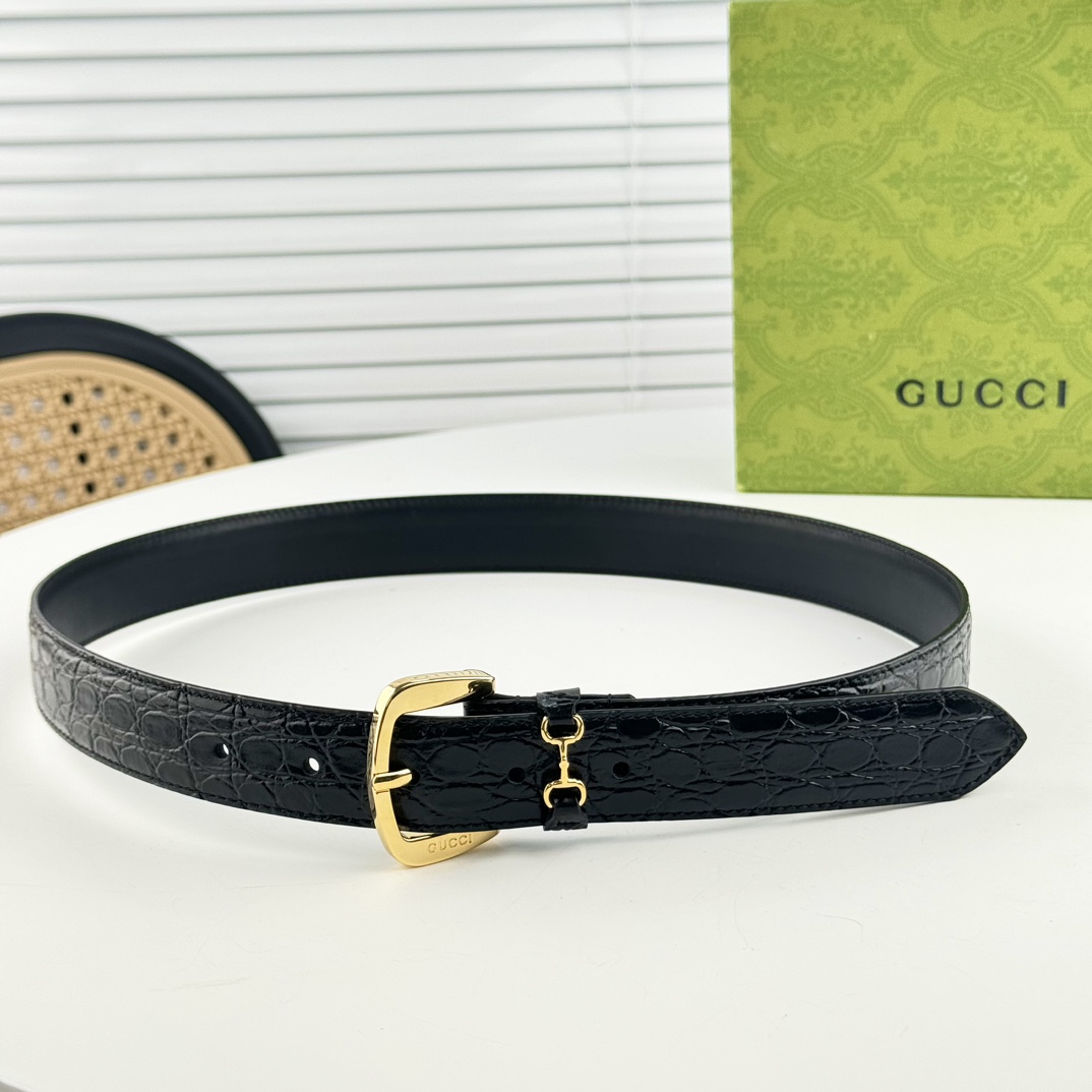 !gucci马衔扣腰带女士鳄鱼纹3cm