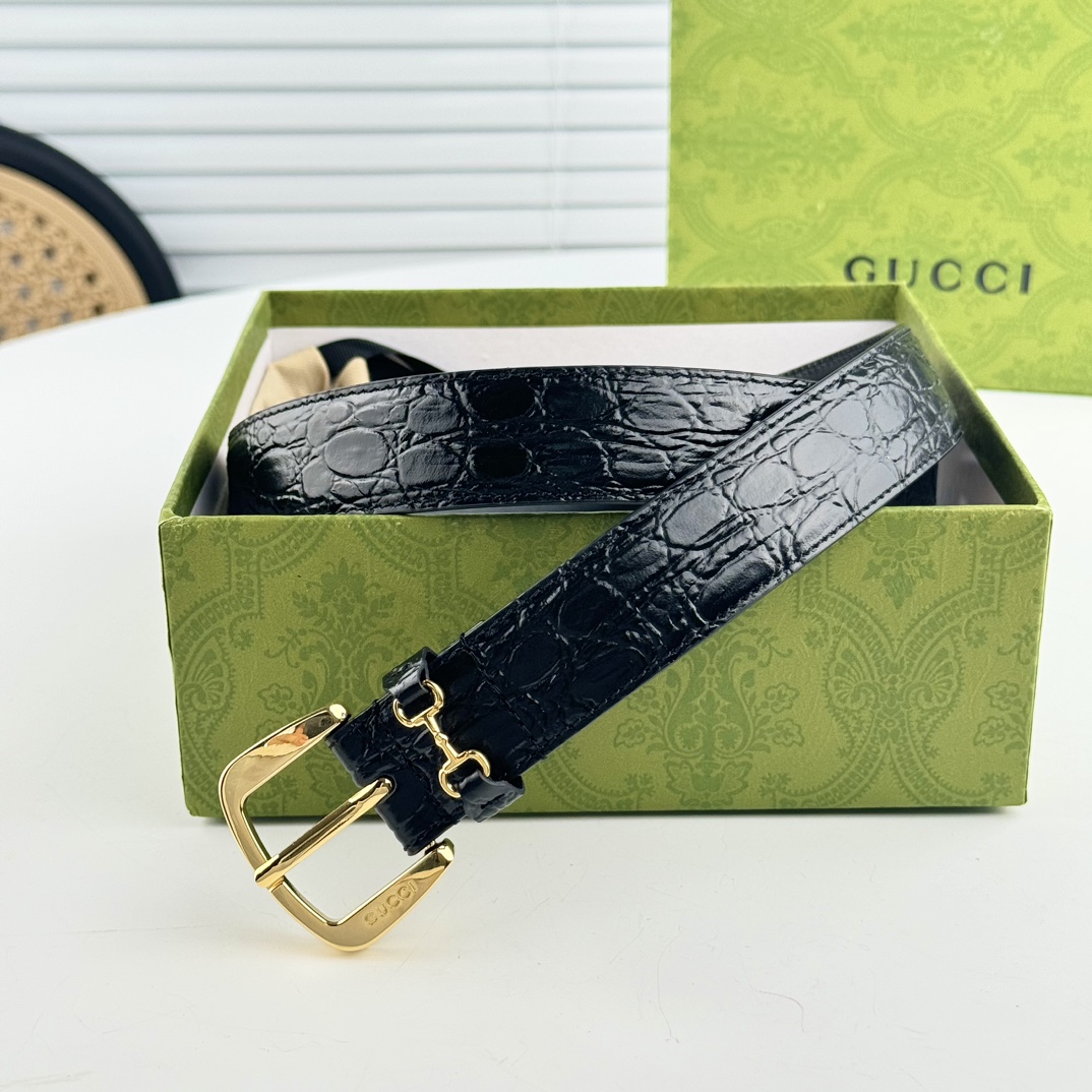 !gucci马衔扣腰带女士鳄鱼纹3cm