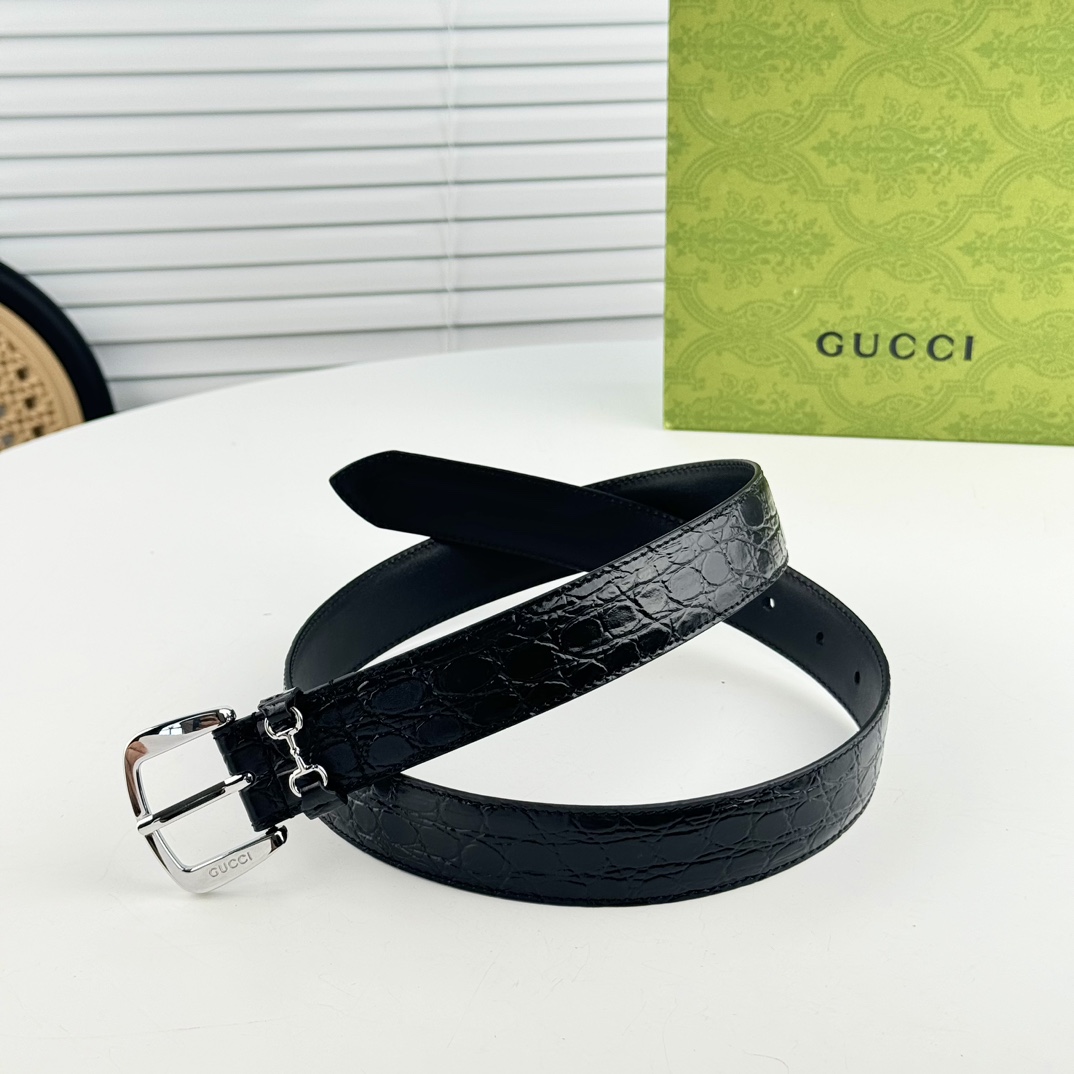 gucci马衔扣腰带女士鳄鱼纹3cm