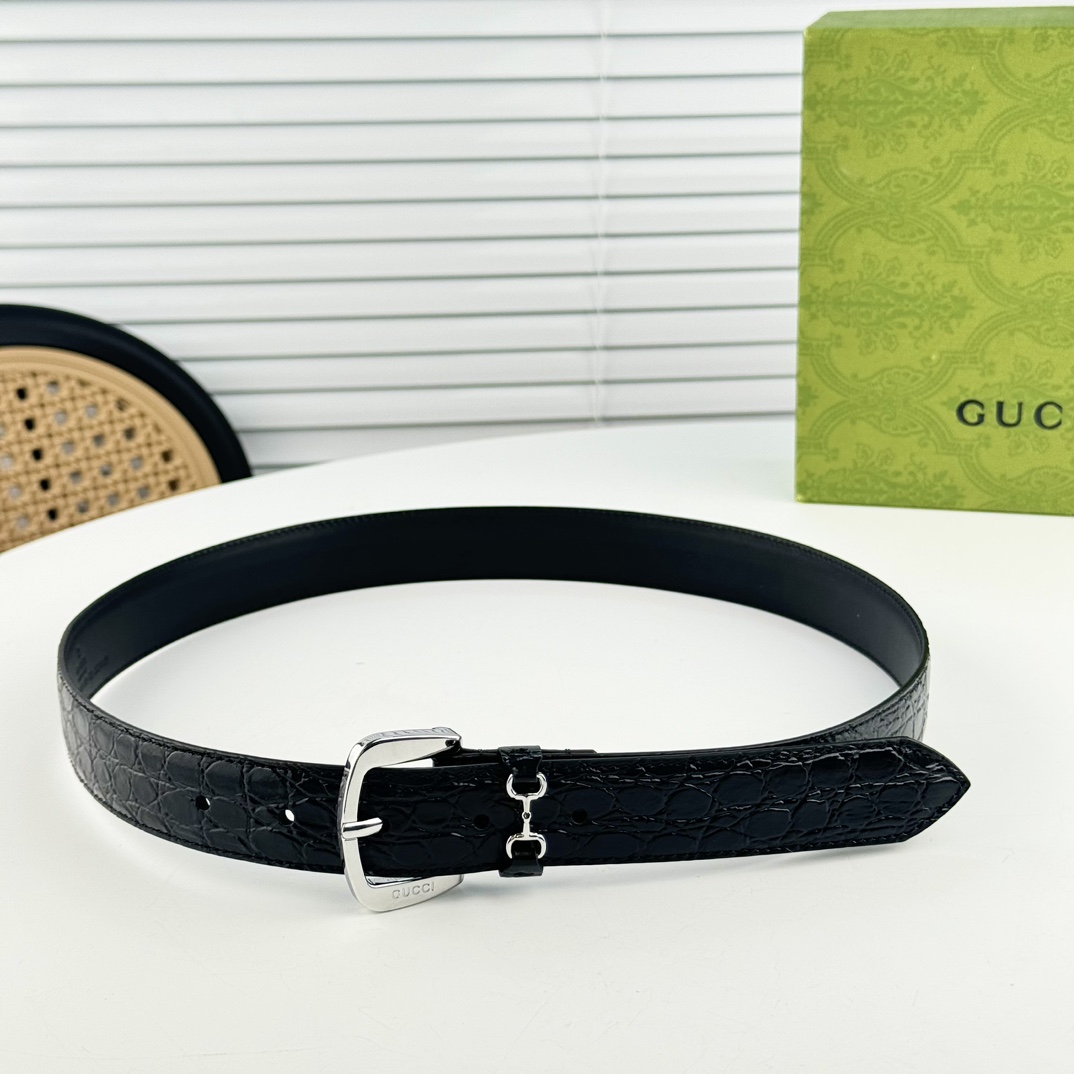 gucci马衔扣腰带女士鳄鱼纹3cm