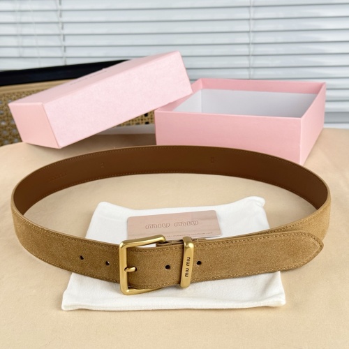 Miu Miu Suede Leather Belt with Laser-Engraved Logo on the Loop, Brown 1 Miu Miu Suede Leather Belt with Laser-Engraved Logo on the Loop, Brown