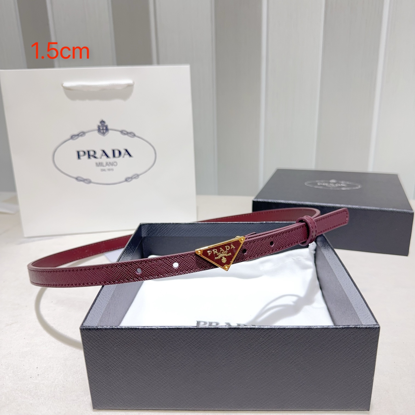 Prada Saffiano Leather Belt with Classic Buckle, Burgundy, 1.5cm Width