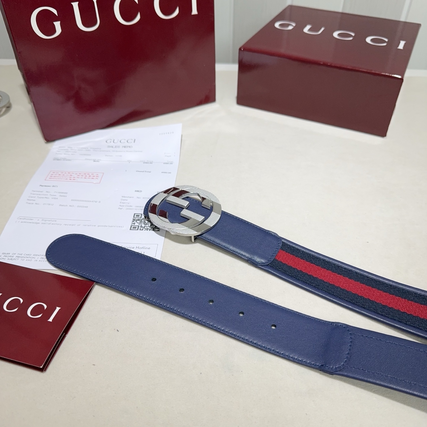 GUCCI（古奇新款） 采用织带布搭配双面头层牛皮 红蓝布包边蓝色牛皮亮银扣头
