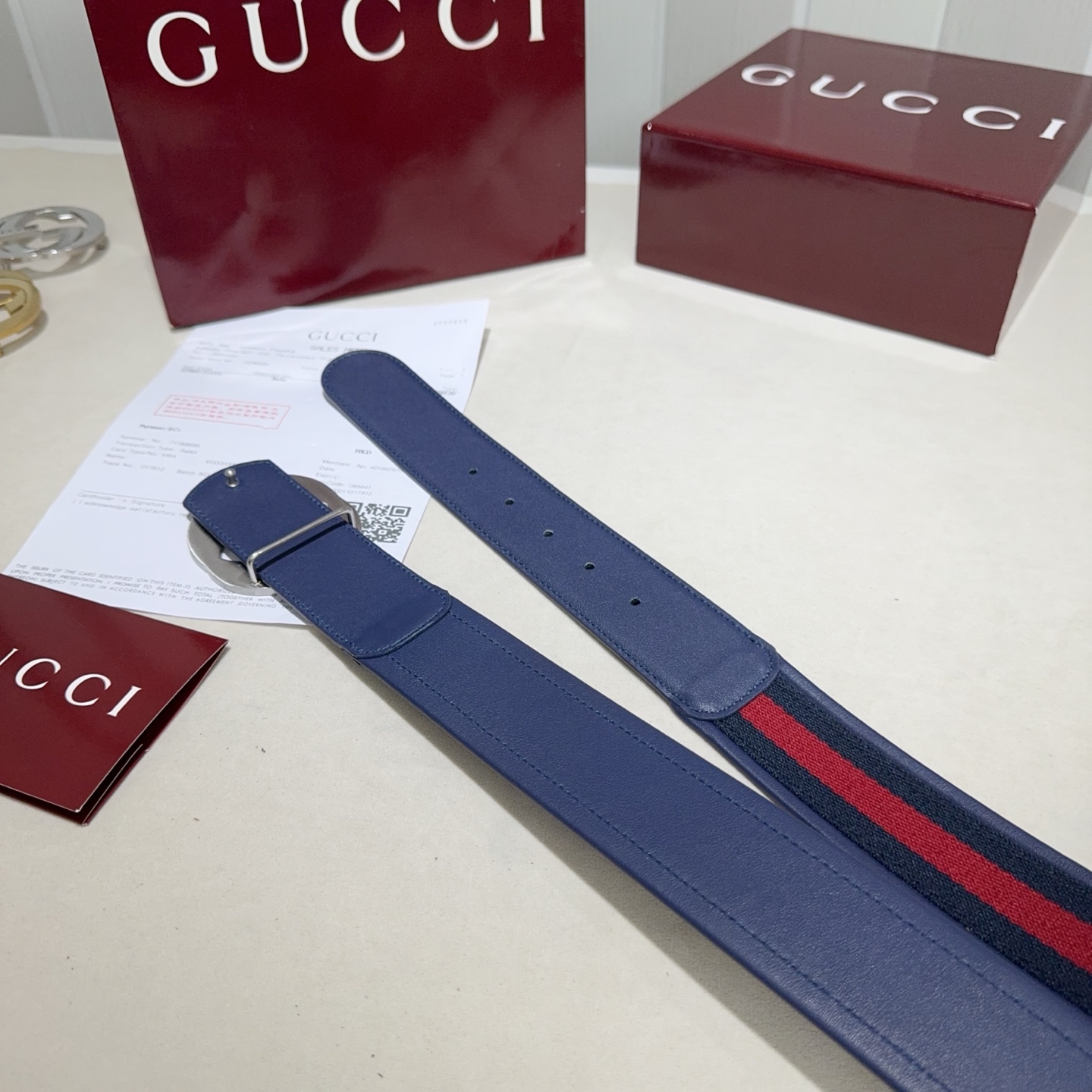 GUCCI（古奇新款） 采用织带布搭配双面头层牛皮 红蓝布包边蓝色牛皮亮银扣头
