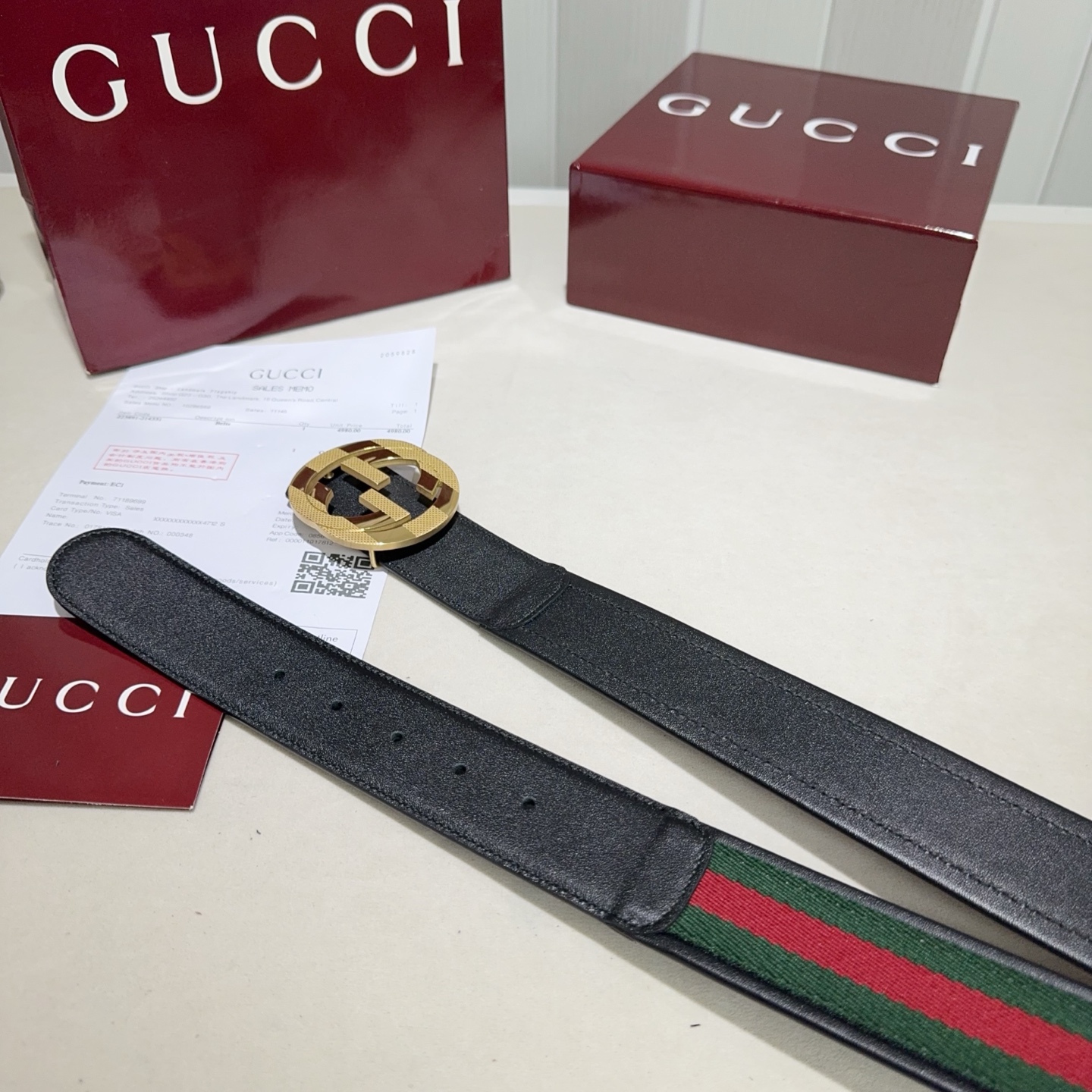 GUCCI（古奇新款） 采用织带布搭配双面头层牛皮 红绿布包边黑色牛皮亮金扣头