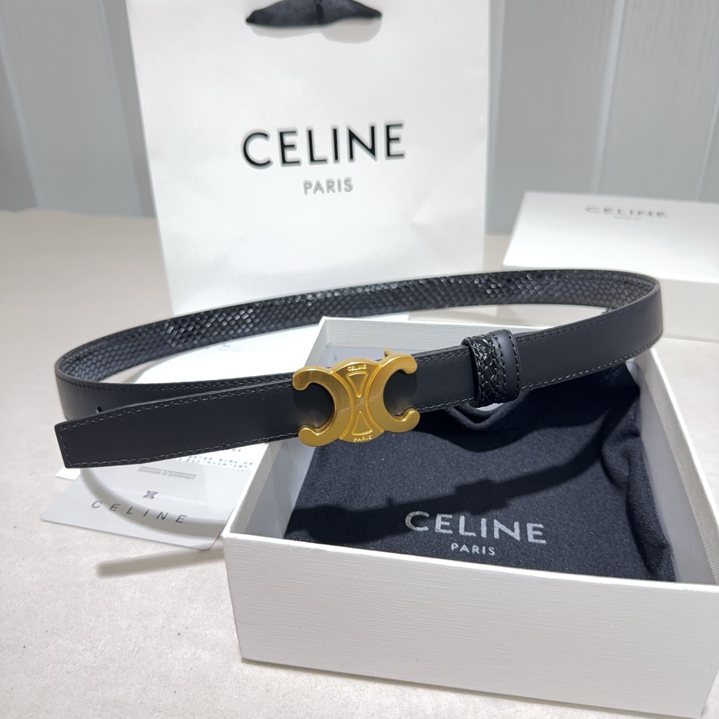 CELINE✨凯旋门蛇纹细腰｜yyds蛇纹肌理搭配平纹牛皮+经典扣头一根腰带解锁N种穿搭精致感细款版型勾