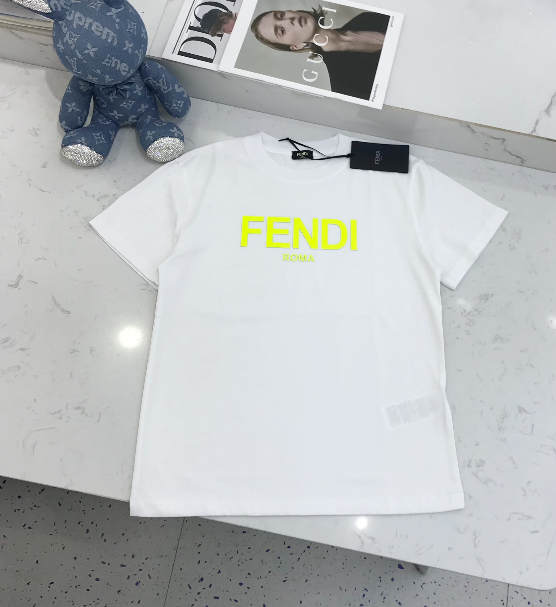 早春新款定制Fend**立体硅胶字母logo圆领短袖T恤黑色白色粉色咖色sml