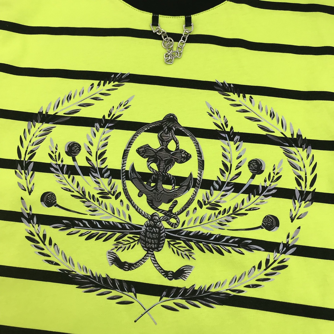 早春新款定制LV**领口金属链条海军风条纹圆领短袖T恤三色白色黄色绿色sml
